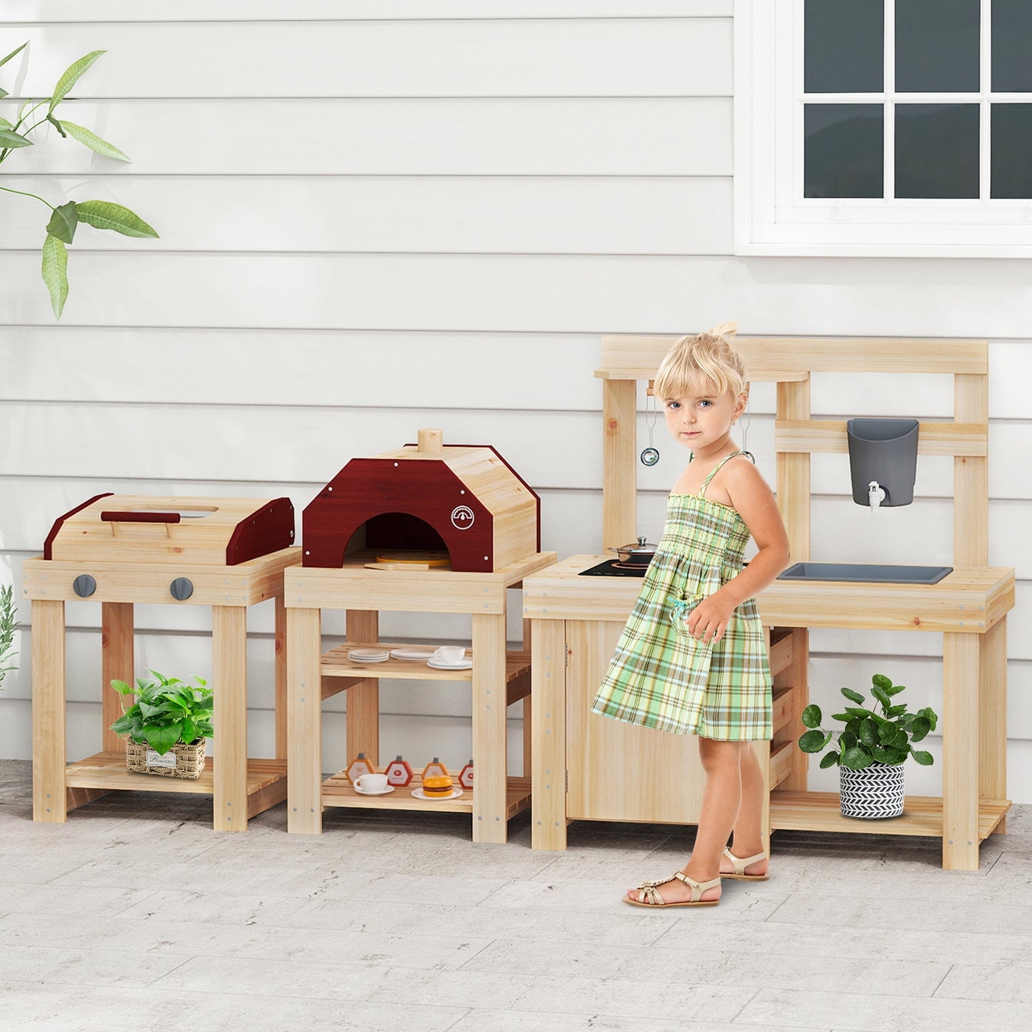 3-Piece Outdoor Kitchen Set Mud Kitchen with Separate BBQ Grill and Pizza Oven-Natural Kids Crystal
