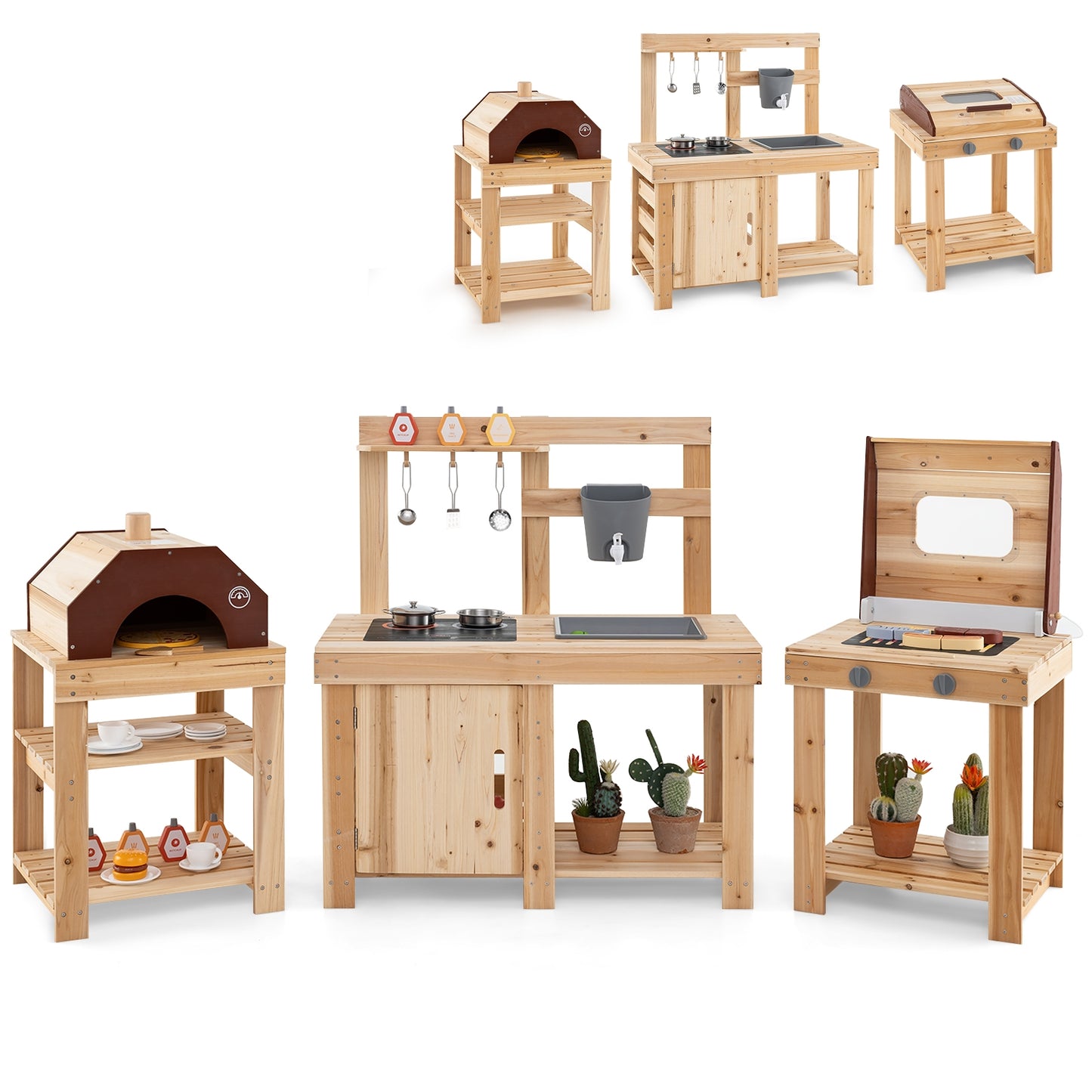 3-Piece Outdoor Kitchen Set Mud Kitchen with Separate BBQ Grill and Pizza Oven-Natural Kids Crystal