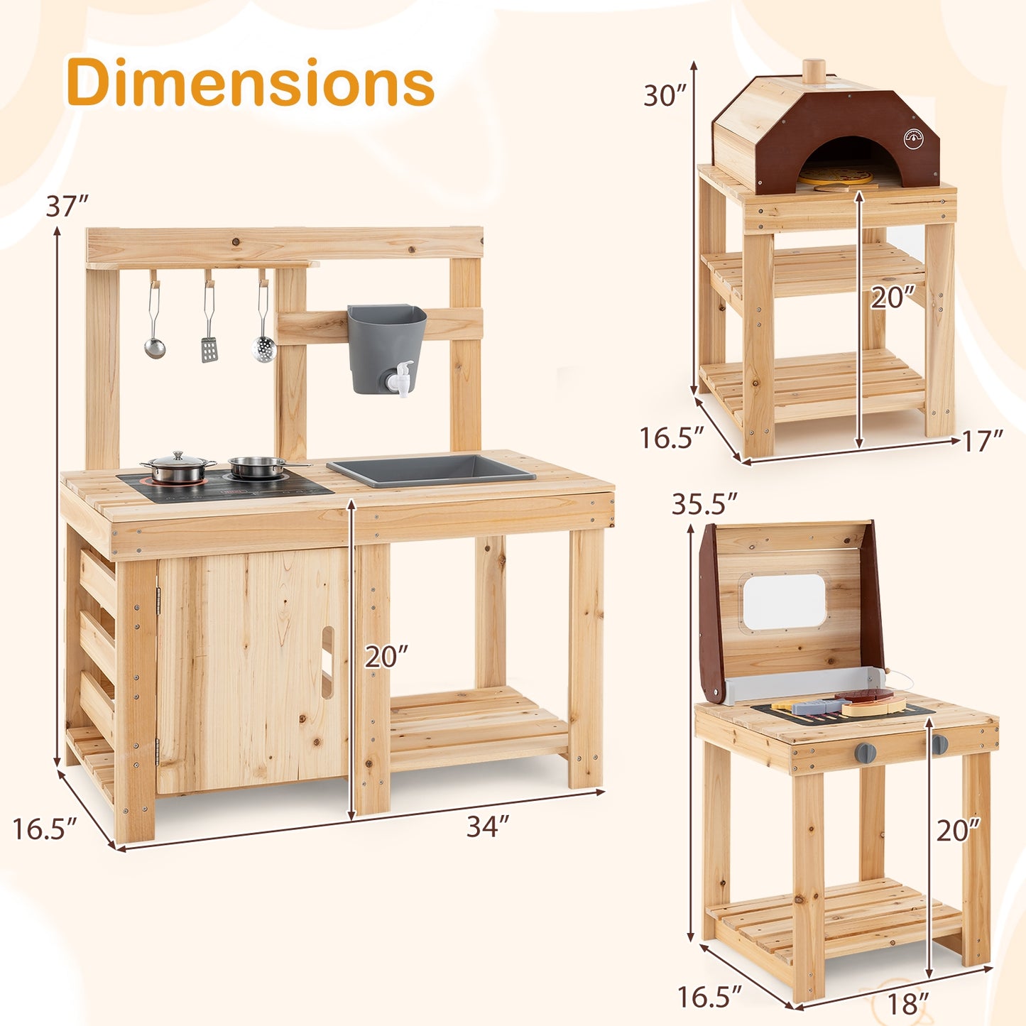 3-Piece Outdoor Kitchen Set Mud Kitchen with Separate BBQ Grill and Pizza Oven-Natural Kids Crystal