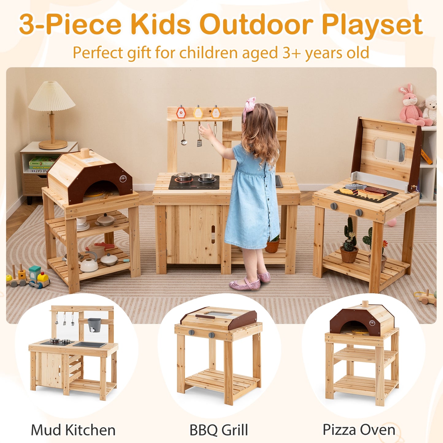 3-Piece Outdoor Kitchen Set Mud Kitchen with Separate BBQ Grill and Pizza Oven-Natural Kids Crystal