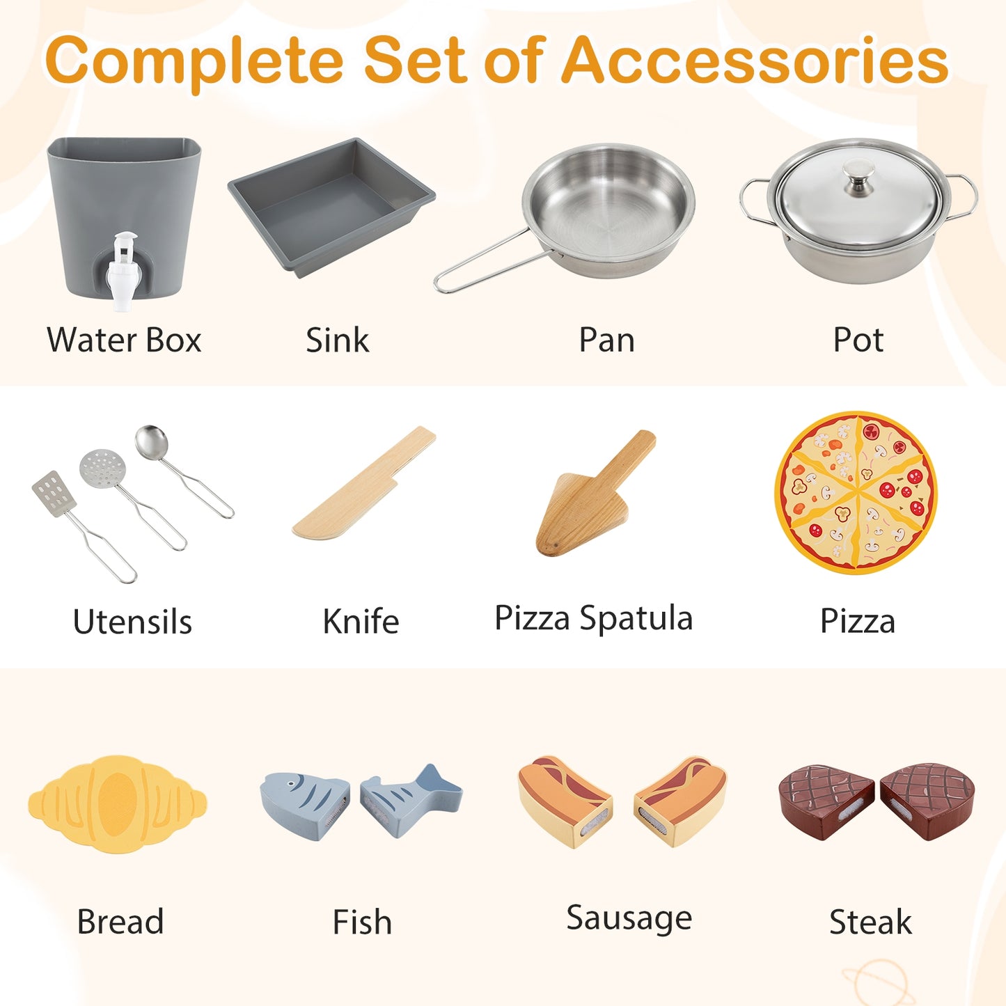 3-Piece Outdoor Kitchen Set Mud Kitchen with Separate BBQ Grill and Pizza Oven-Natural Kids Crystal