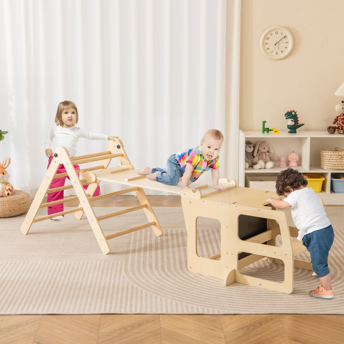 7-in-1 Toddler Climbing Toy Connected Table and Chair Set for Kids Aged 3-14 Years Old-Natural Kids Crystal