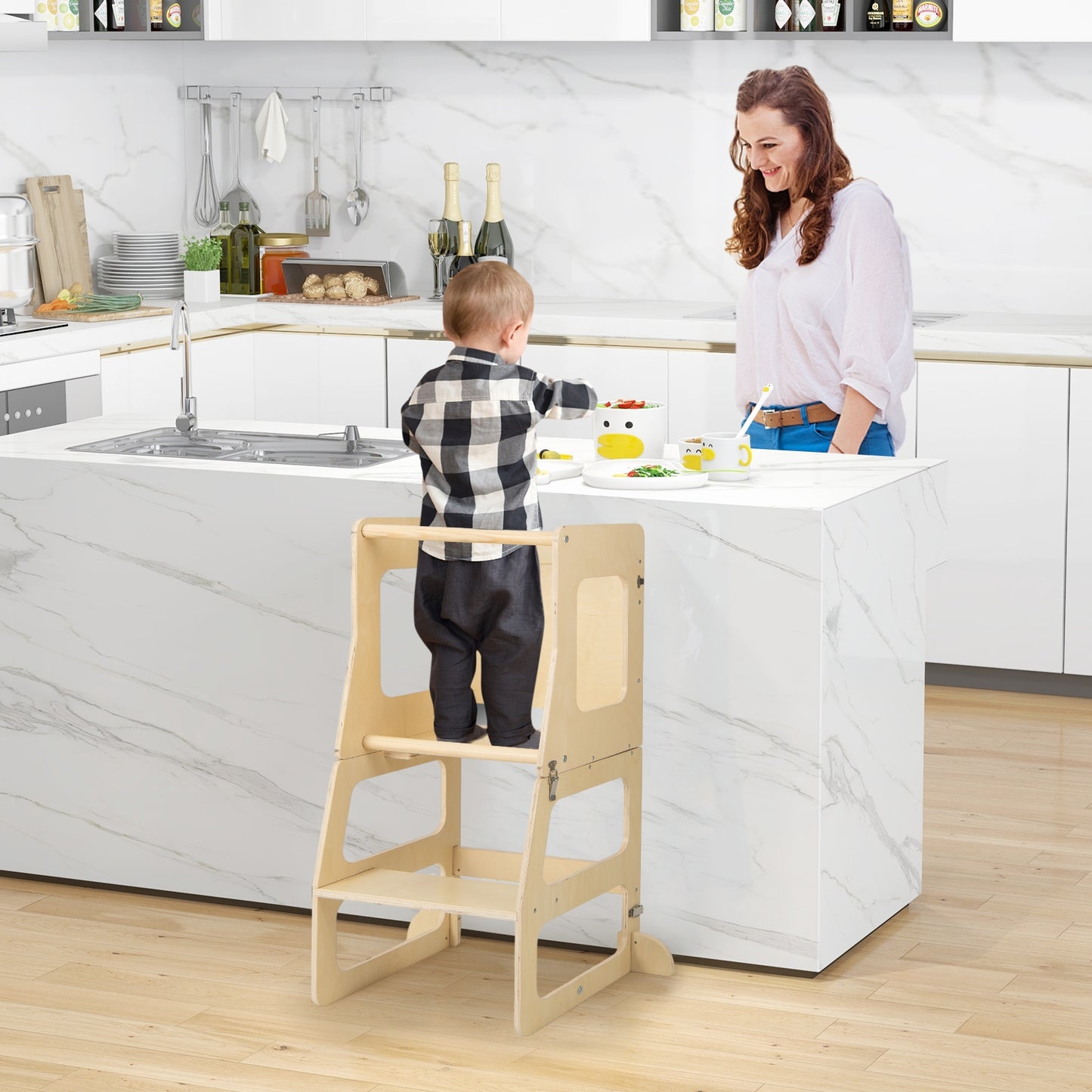7-in-1 Toddler Climbing Toy Connected Table and Chair Set for Kids Aged 3-14 Years Old-Natural Kids Crystal