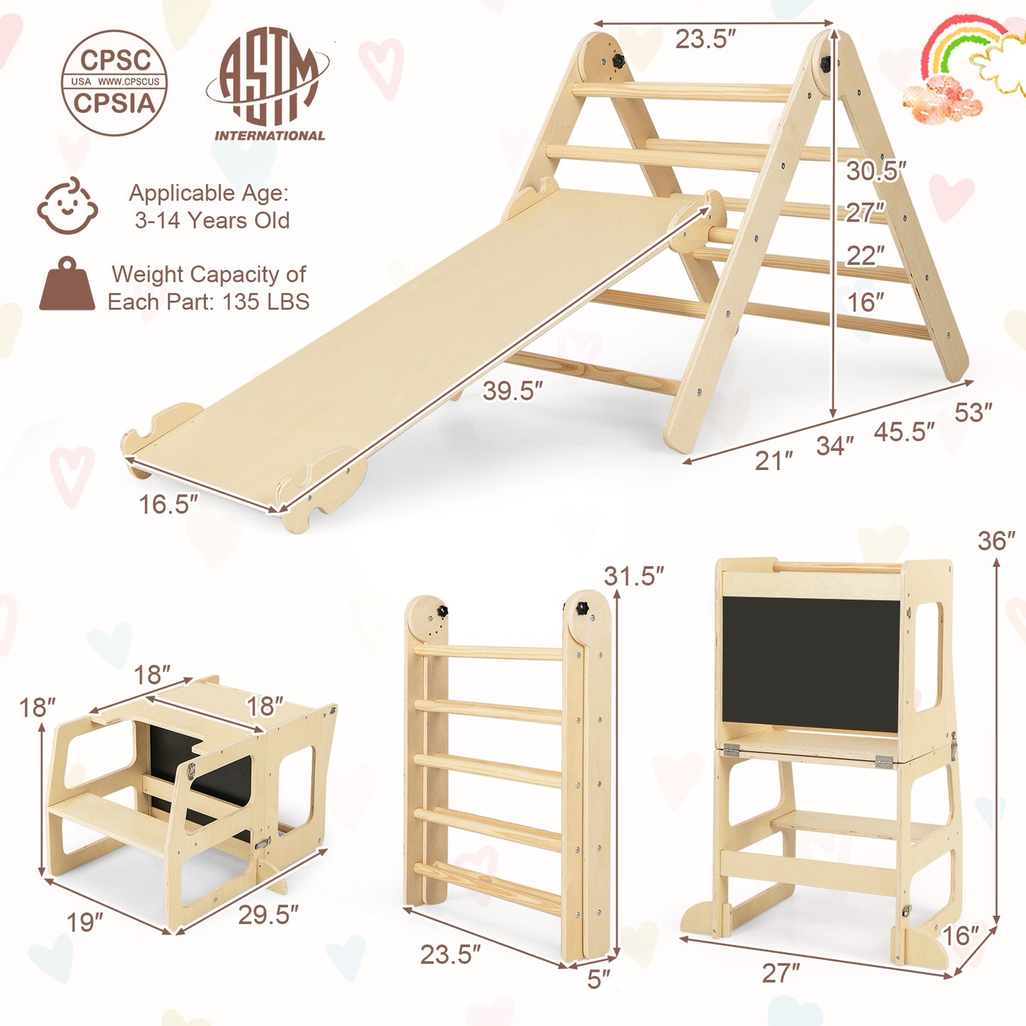 7-in-1 Toddler Climbing Toy Connected Table and Chair Set for Kids Aged 3-14 Years Old-Natural Kids Crystal