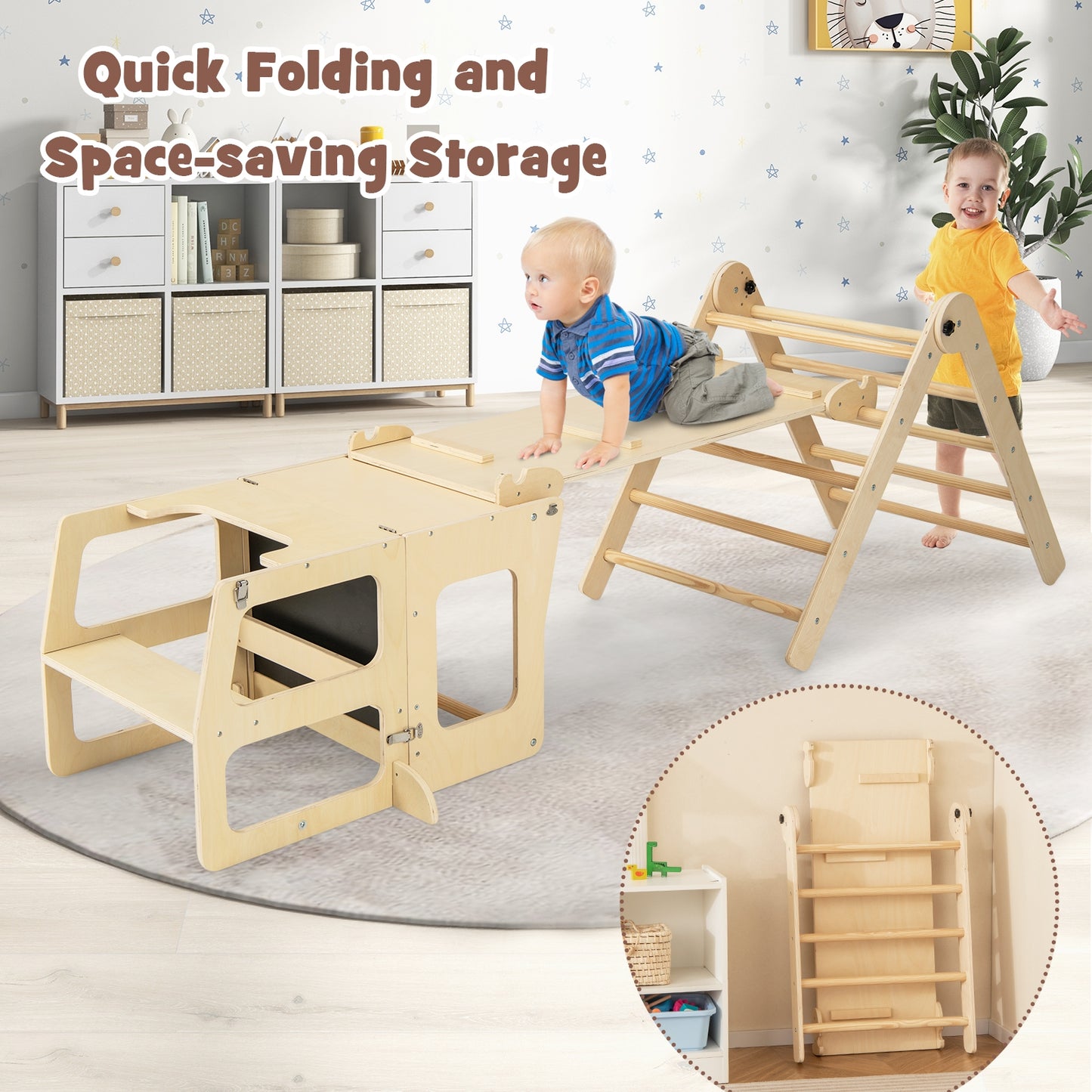 7-in-1 Toddler Climbing Toy Connected Table and Chair Set for Kids Aged 3-14 Years Old-Natural Kids Crystal