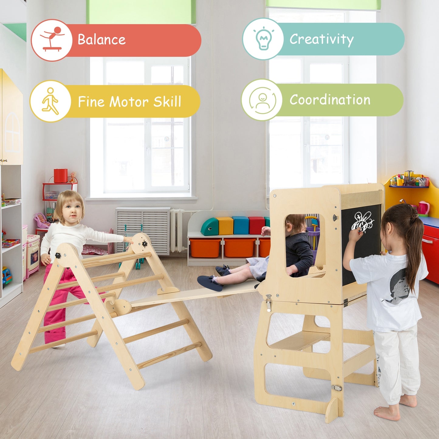 7-in-1 Toddler Climbing Toy Connected Table and Chair Set for Kids Aged 3-14 Years Old-Natural Kids Crystal