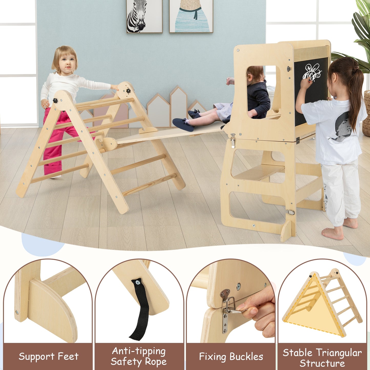 7-in-1 Toddler Climbing Toy Connected Table and Chair Set for Kids Aged 3-14 Years Old-Natural Kids Crystal