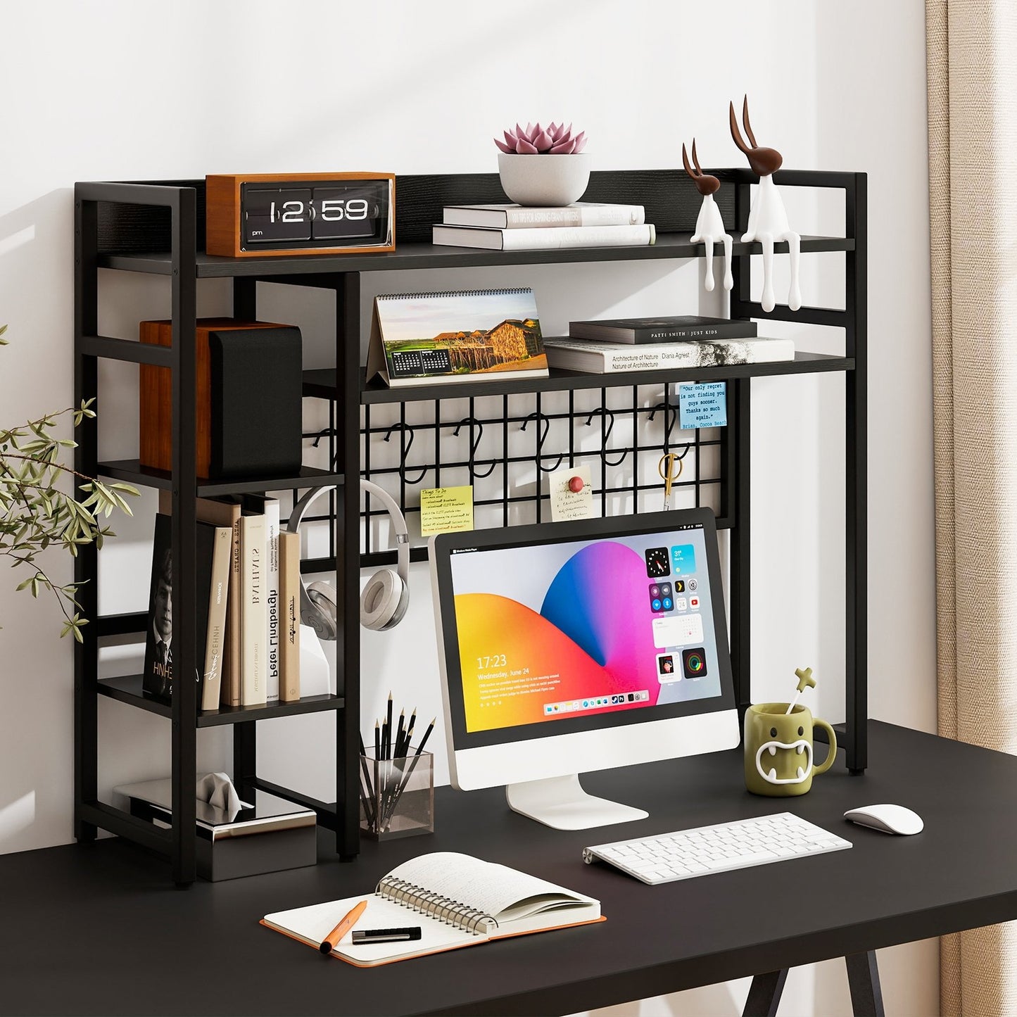 4-Tier Desk Shelf Desktop Display Rack with Metal Grid Panel and 6 Hooks-Black