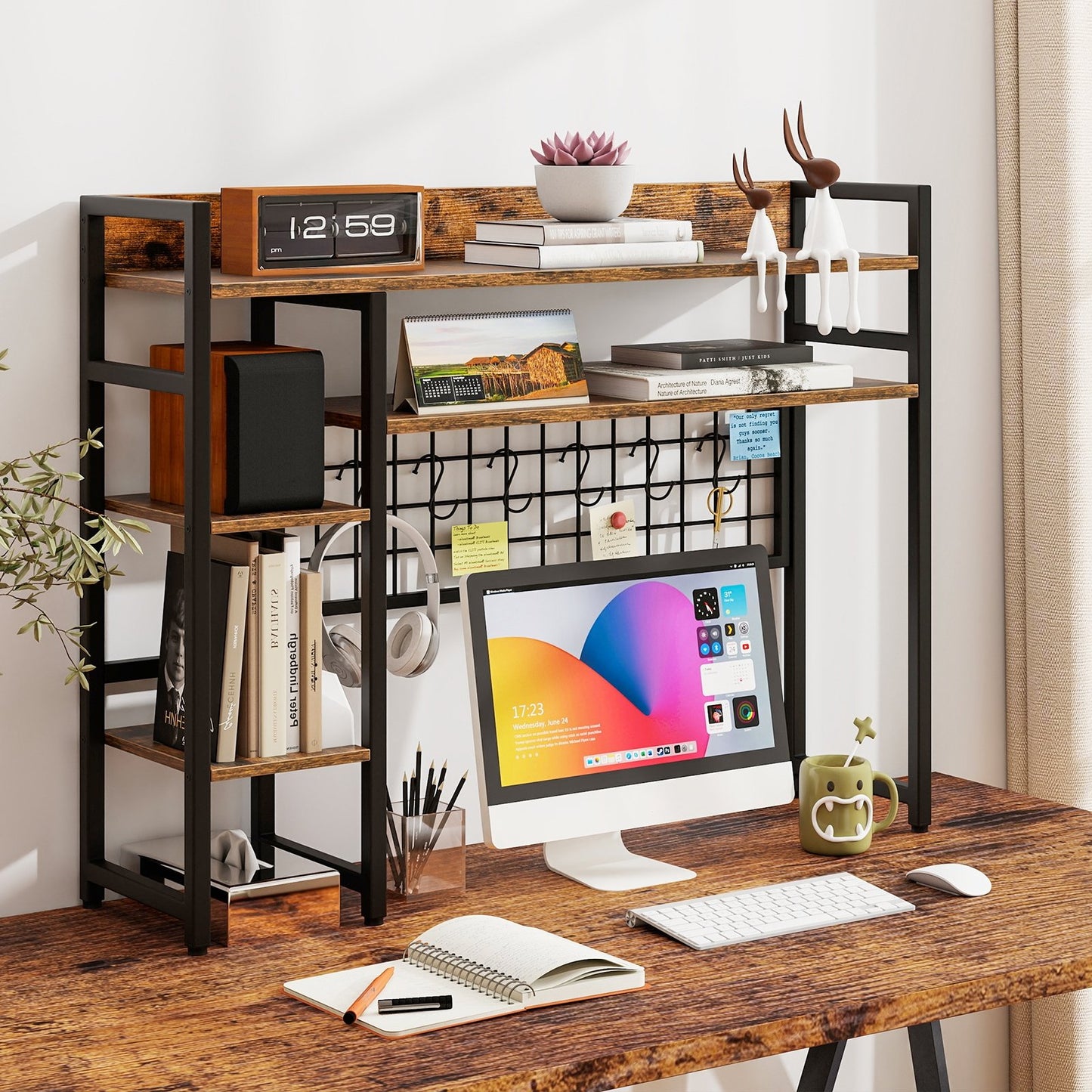 4-Tier Desk Shelf Desktop Display Rack with Metal Grid Panel and 6 Hooks-Rustic Brown