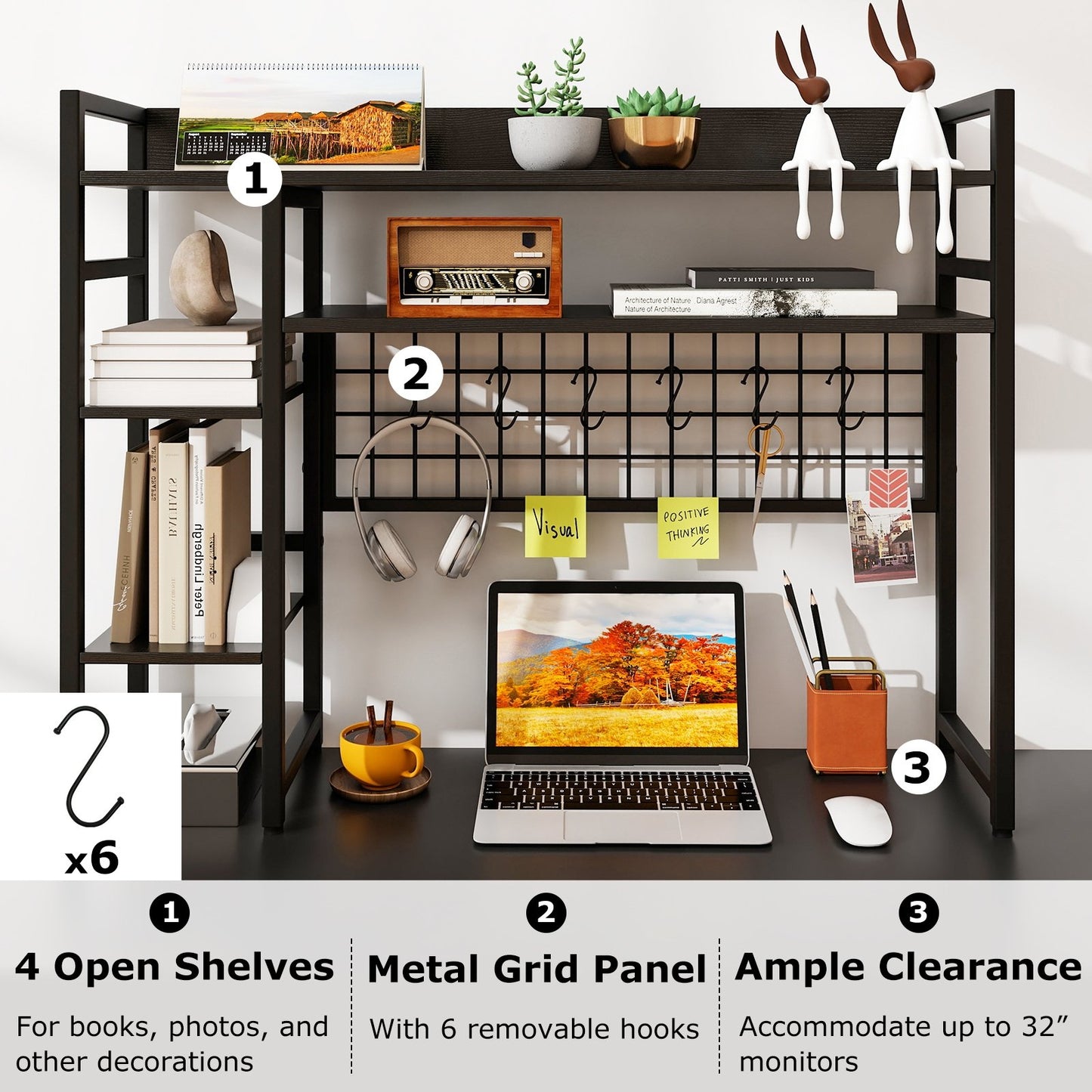 4-Tier Desk Shelf Desktop Display Rack with Metal Grid Panel and 6 Hooks-Black