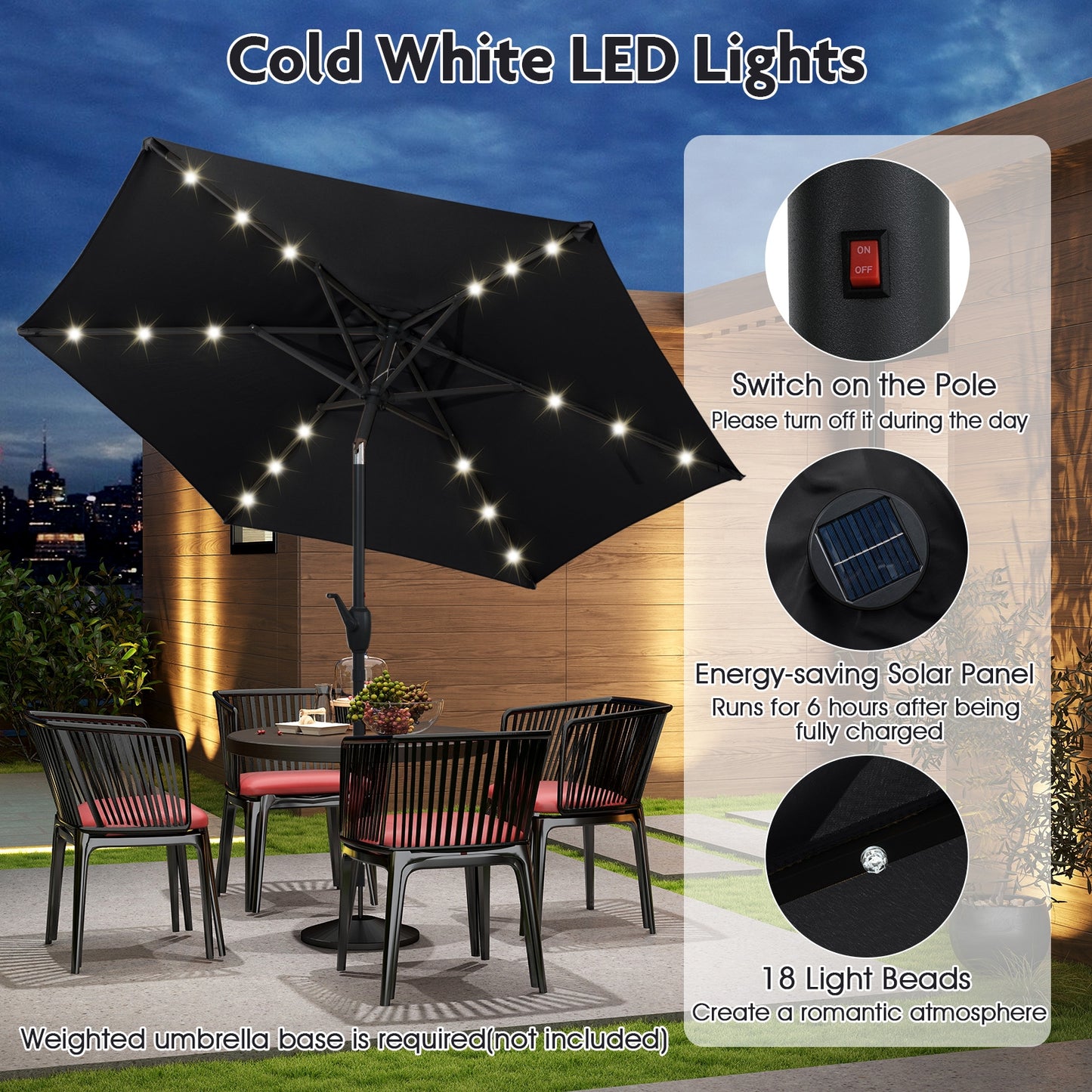 7.5 Feet Solar Powered Patio Umbrella with LED Lights and Crank Handle-Black