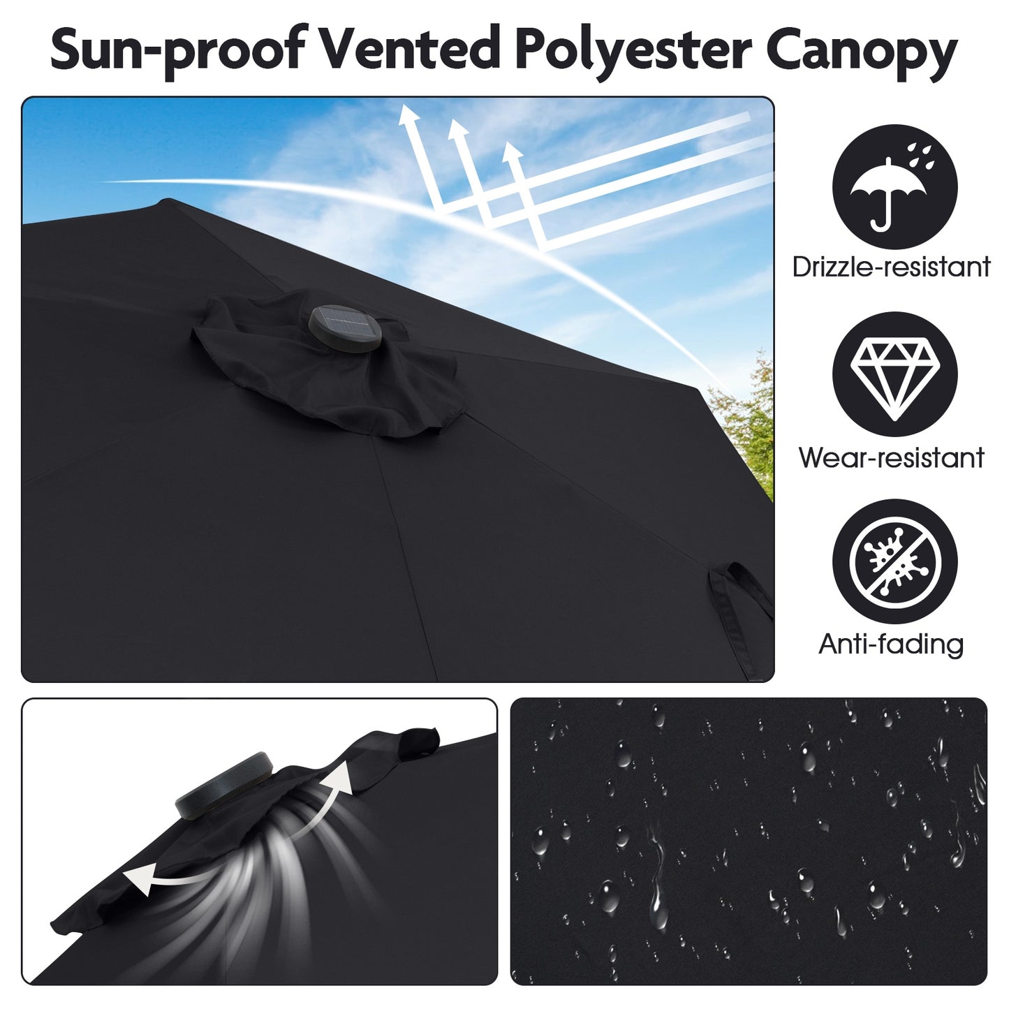 7.5 Feet Solar Powered Patio Umbrella with LED Lights and Crank Handle-Black