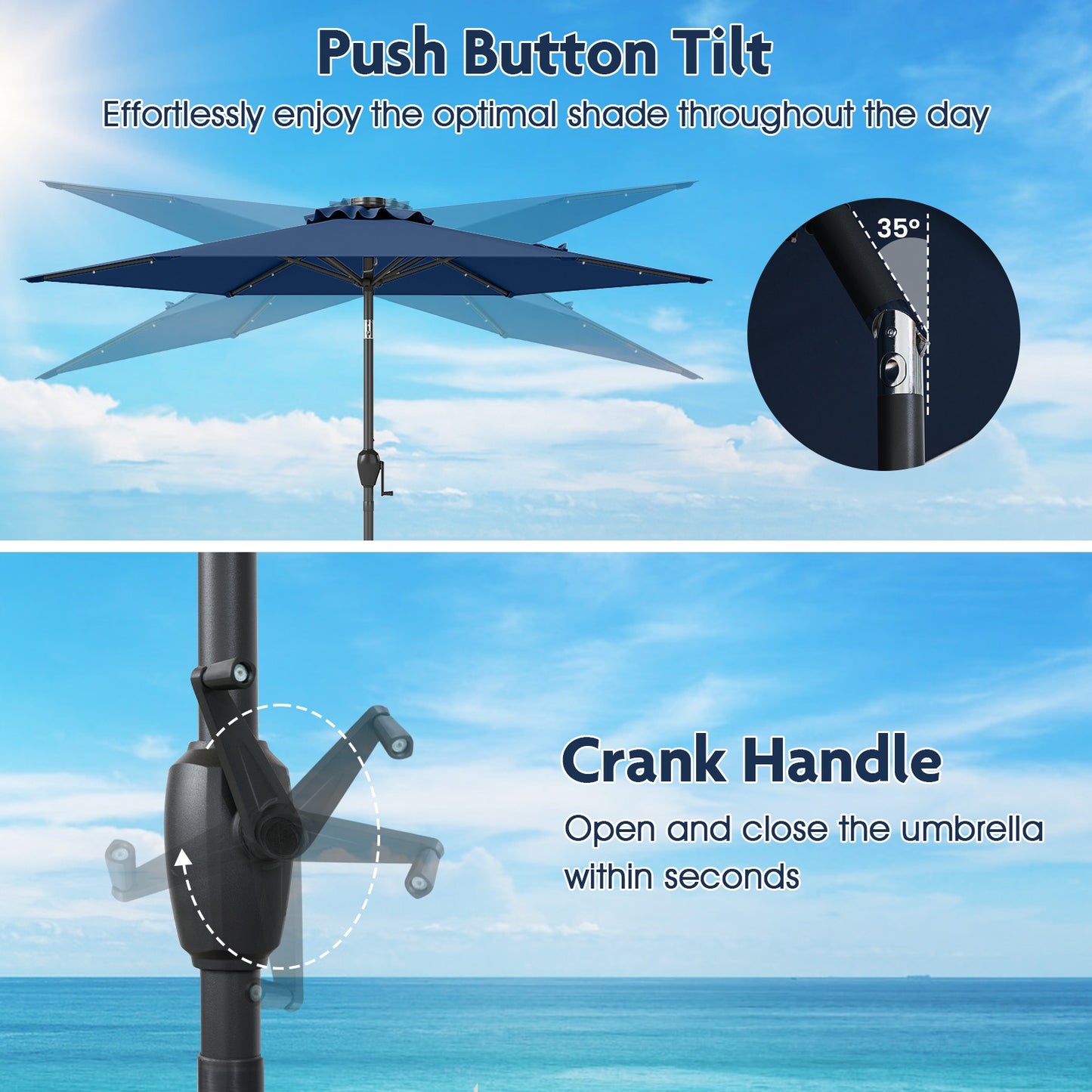 7.5 Feet Solar Powered Patio Umbrella with LED Lights and Crank Handle-Navy
