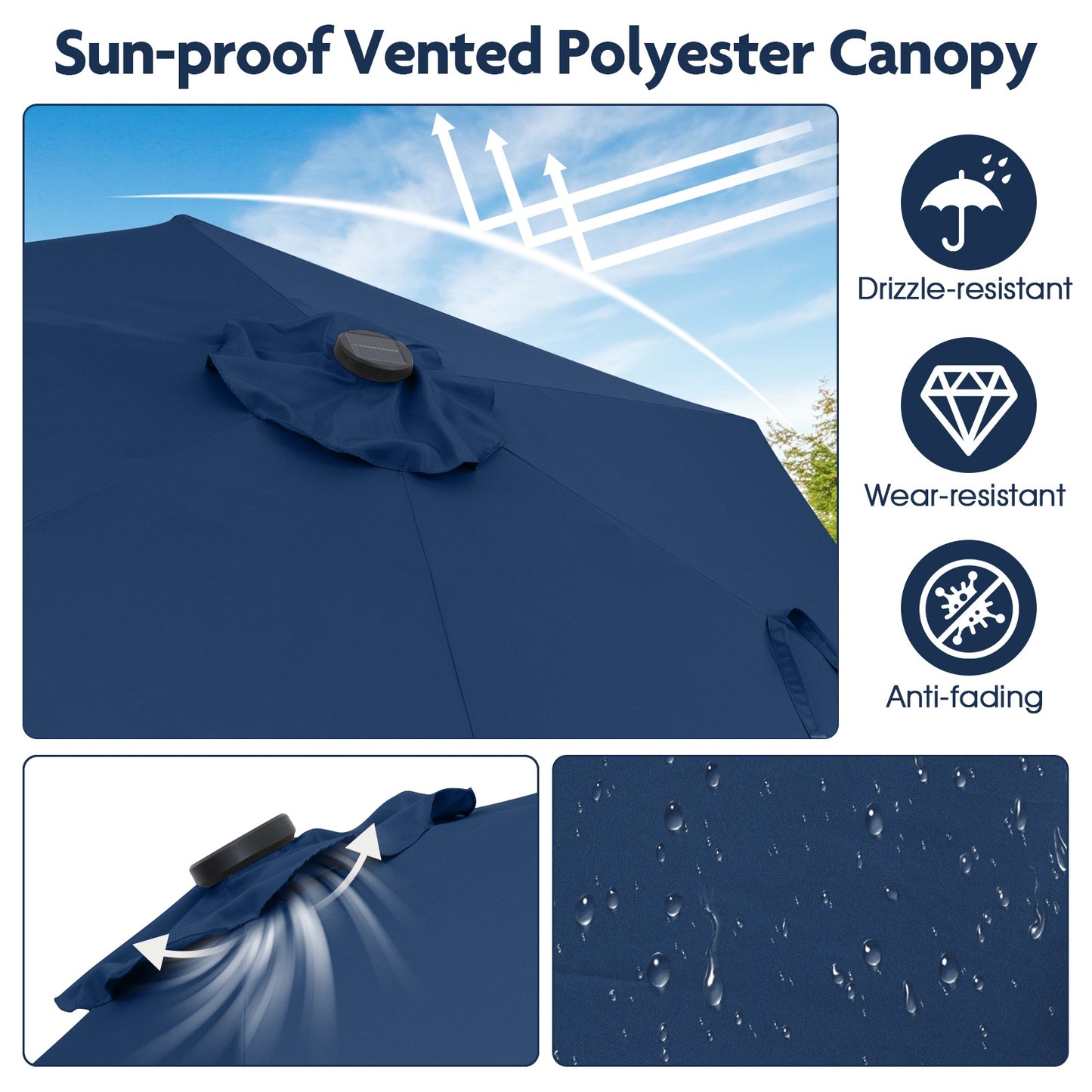 7.5 Feet Solar Powered Patio Umbrella with LED Lights and Crank Handle-Navy