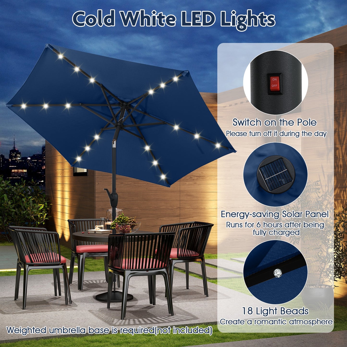 7.5 Feet Solar Powered Patio Umbrella with LED Lights and Crank Handle-Navy Kids Crystal