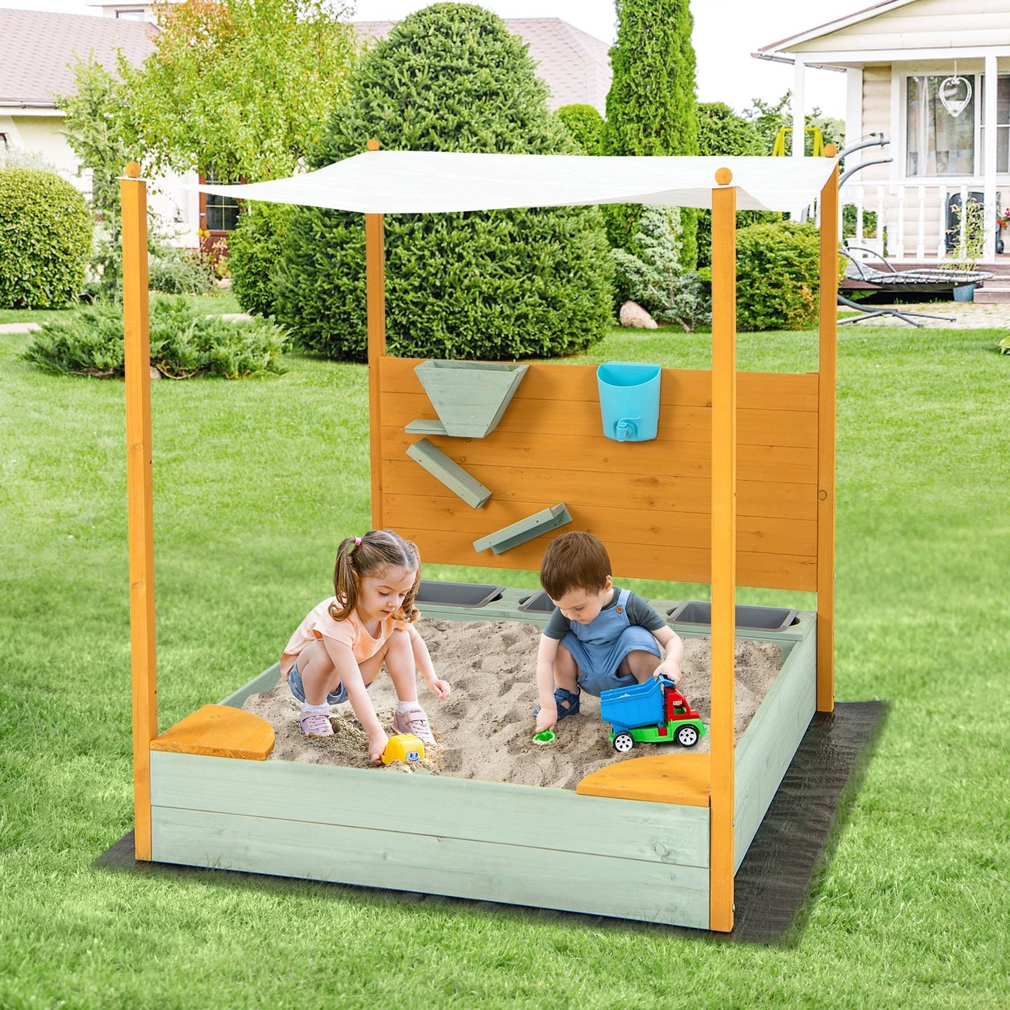 Kids Sandbox with Sand Wall w/ Removable Canopy for Kids 3-8 Years Old Kids Crystal