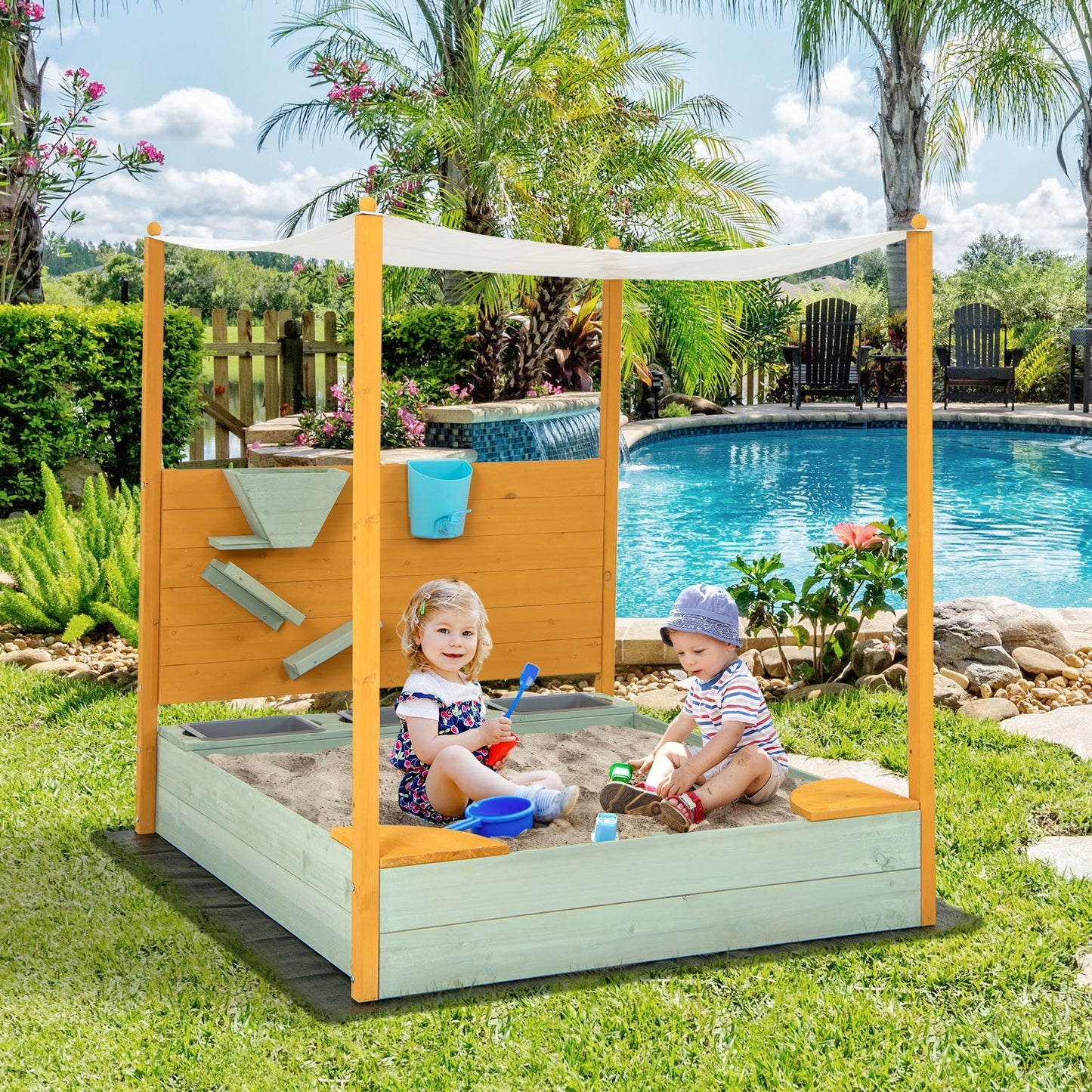 Kids Sandbox with Sand Wall w/ Removable Canopy for Kids 3-8 Years Old Kids Crystal