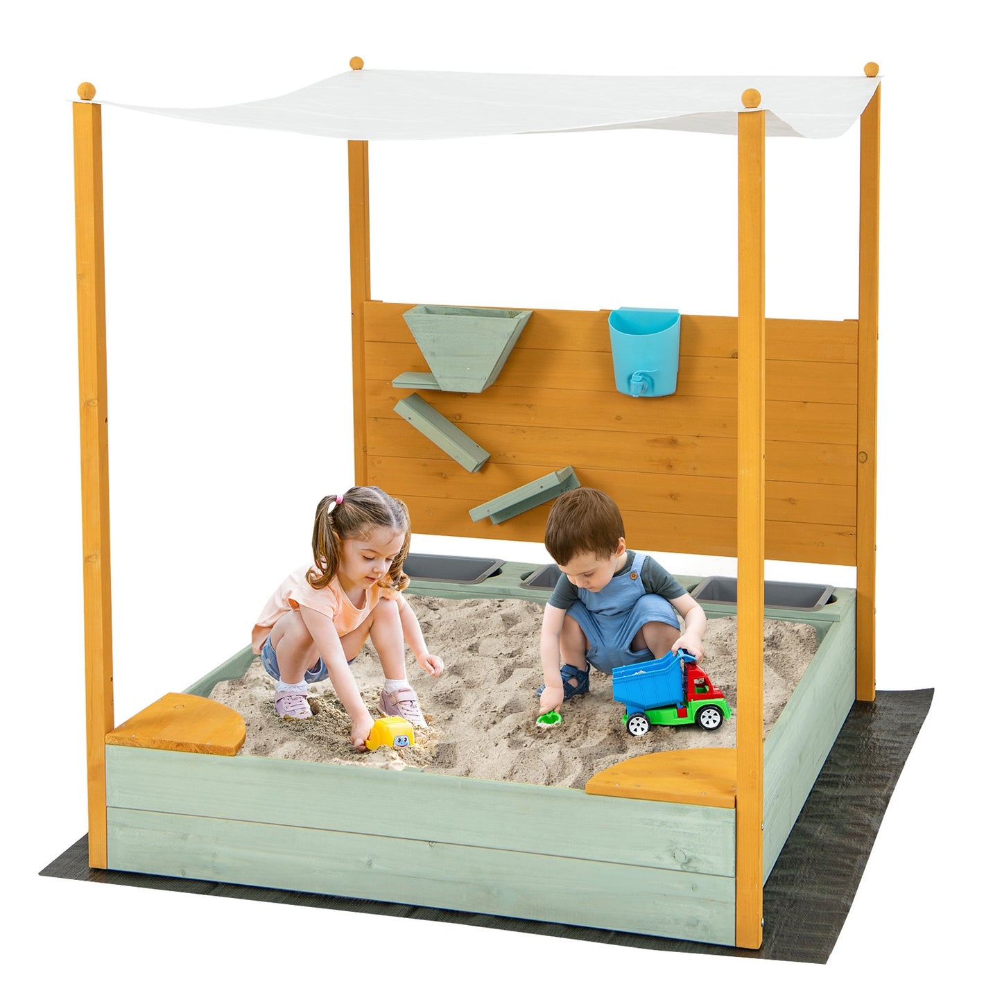 Kids Sandbox with Sand Wall w/ Removable Canopy for Kids 3-8 Years Old Kids Crystal