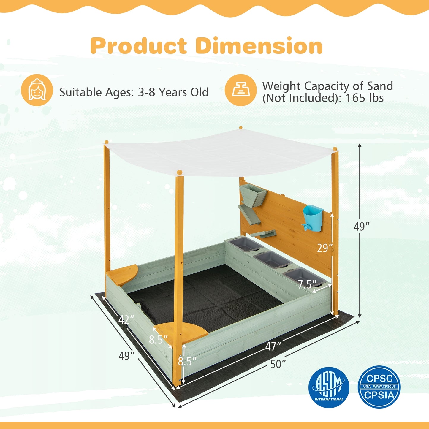 Kids Sandbox with Sand Wall w/ Removable Canopy for Kids 3-8 Years Old Kids Crystal