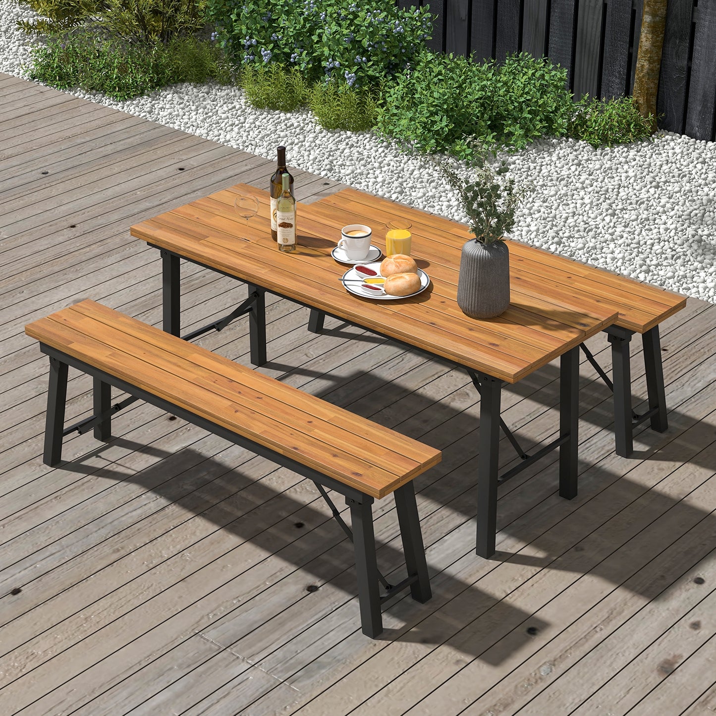 Folding Picnic Table Acacia Wood Dining Table with Metal Frame for Indoor Outdoor Activities Kids Crystal