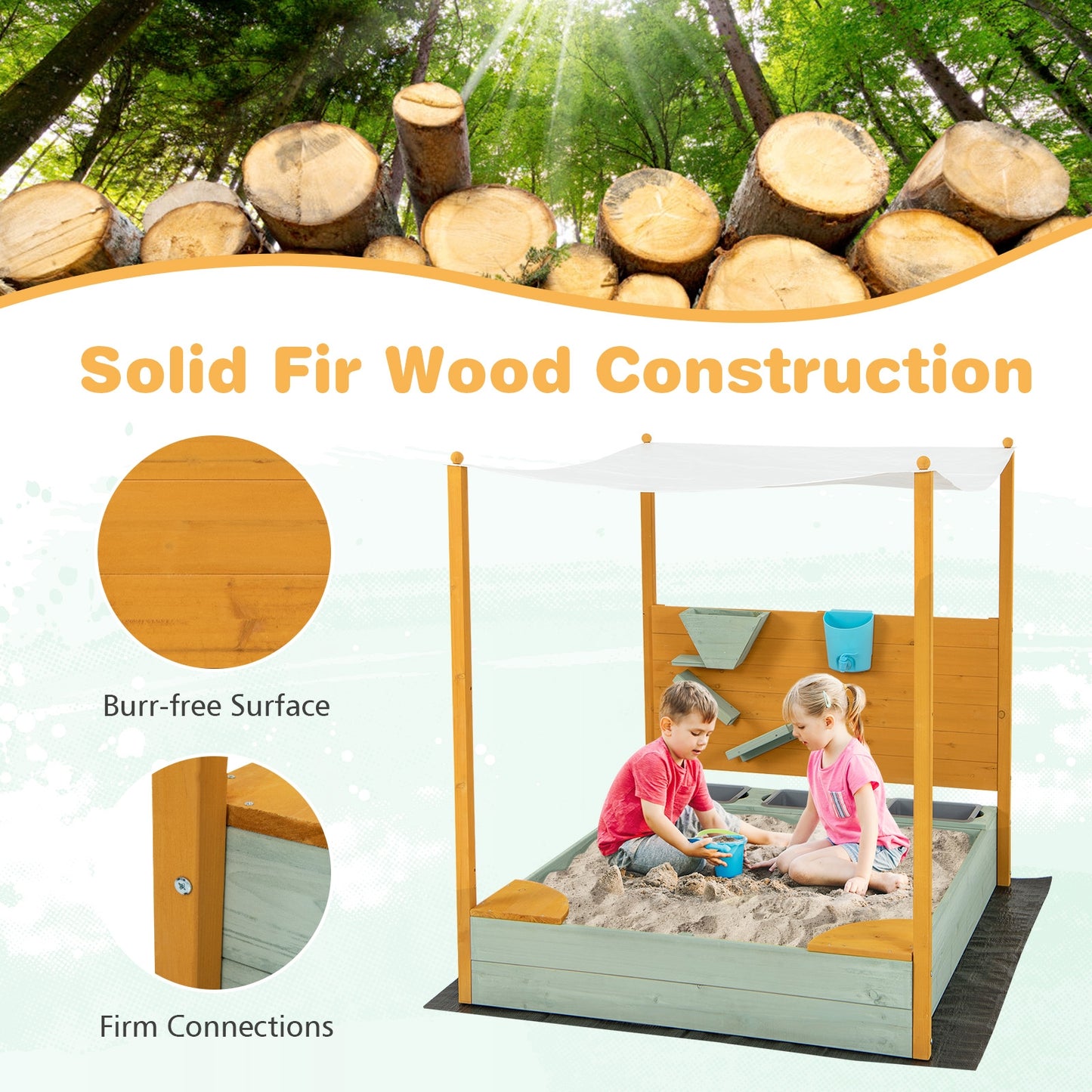 Kids Sandbox with Sand Wall w/ Removable Canopy for Kids 3-8 Years Old Kids Crystal