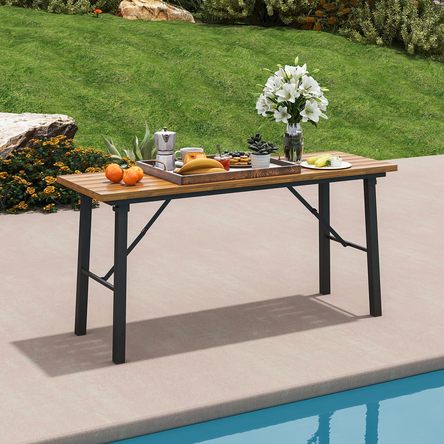 Folding Picnic Table Acacia Wood Dining Table with Metal Frame for Indoor Outdoor Activities Kids Crystal