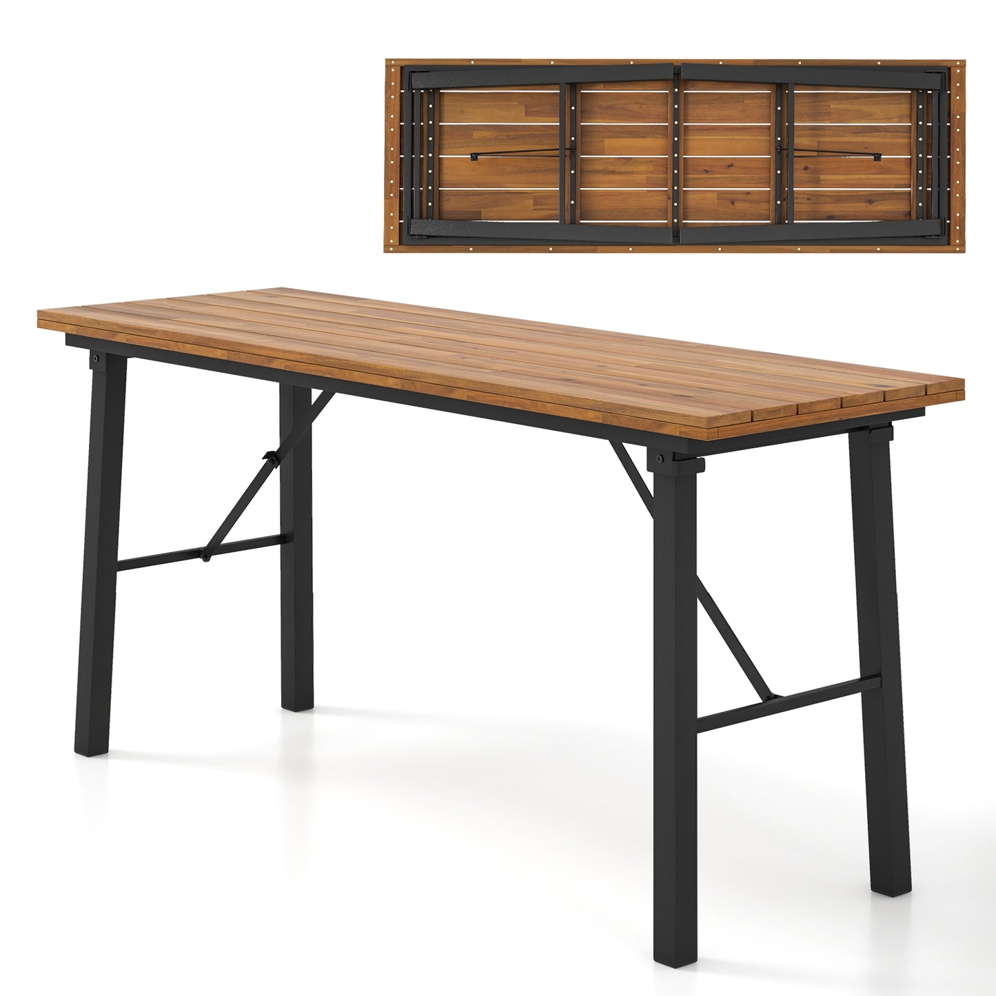 Folding Picnic Table Acacia Wood Dining Table with Metal Frame for Indoor Outdoor Activities Kids Crystal