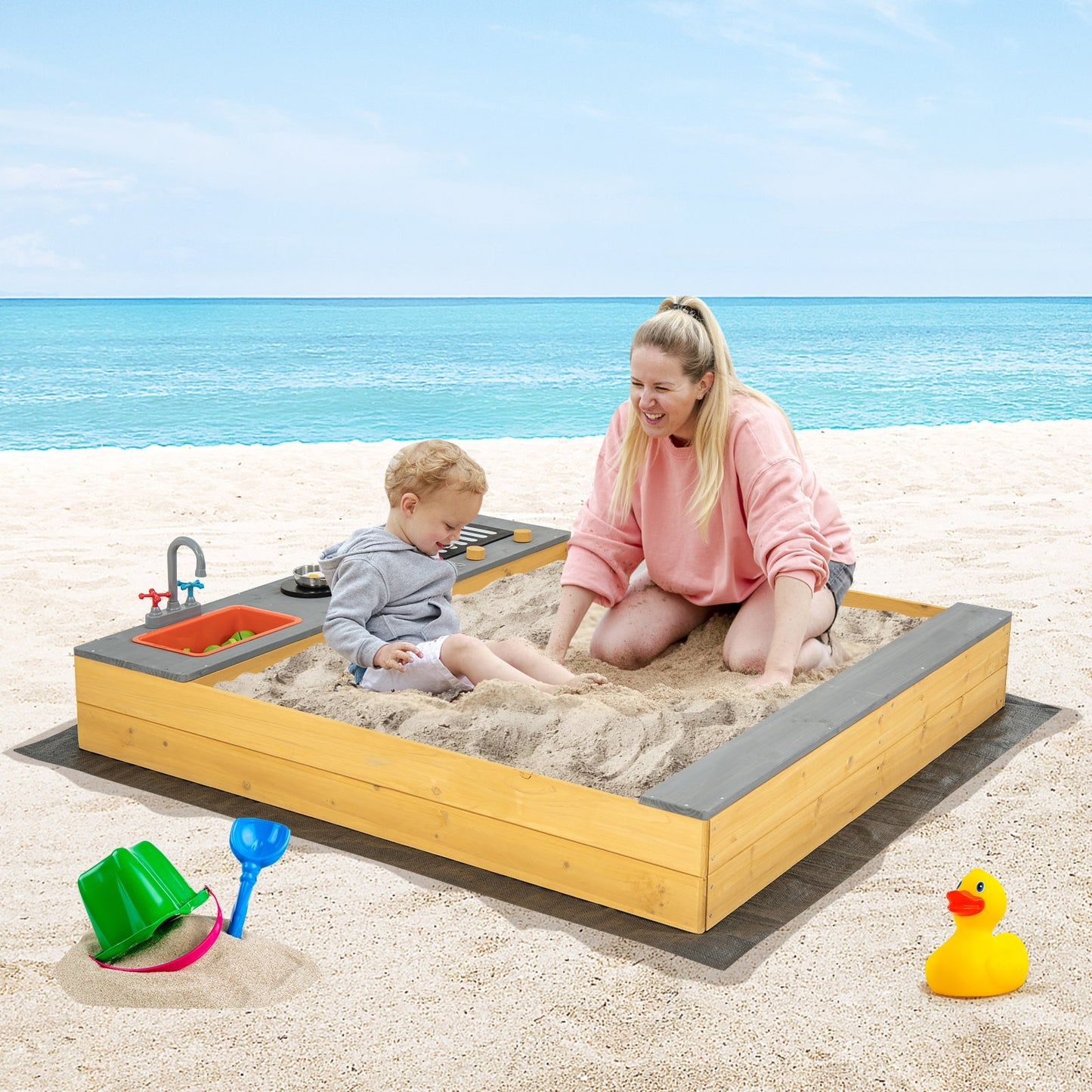 Wooden Sandbox Kids Sand Pit with Kitchen Playset Accessories for 3-8 Years Old Kids Crystal