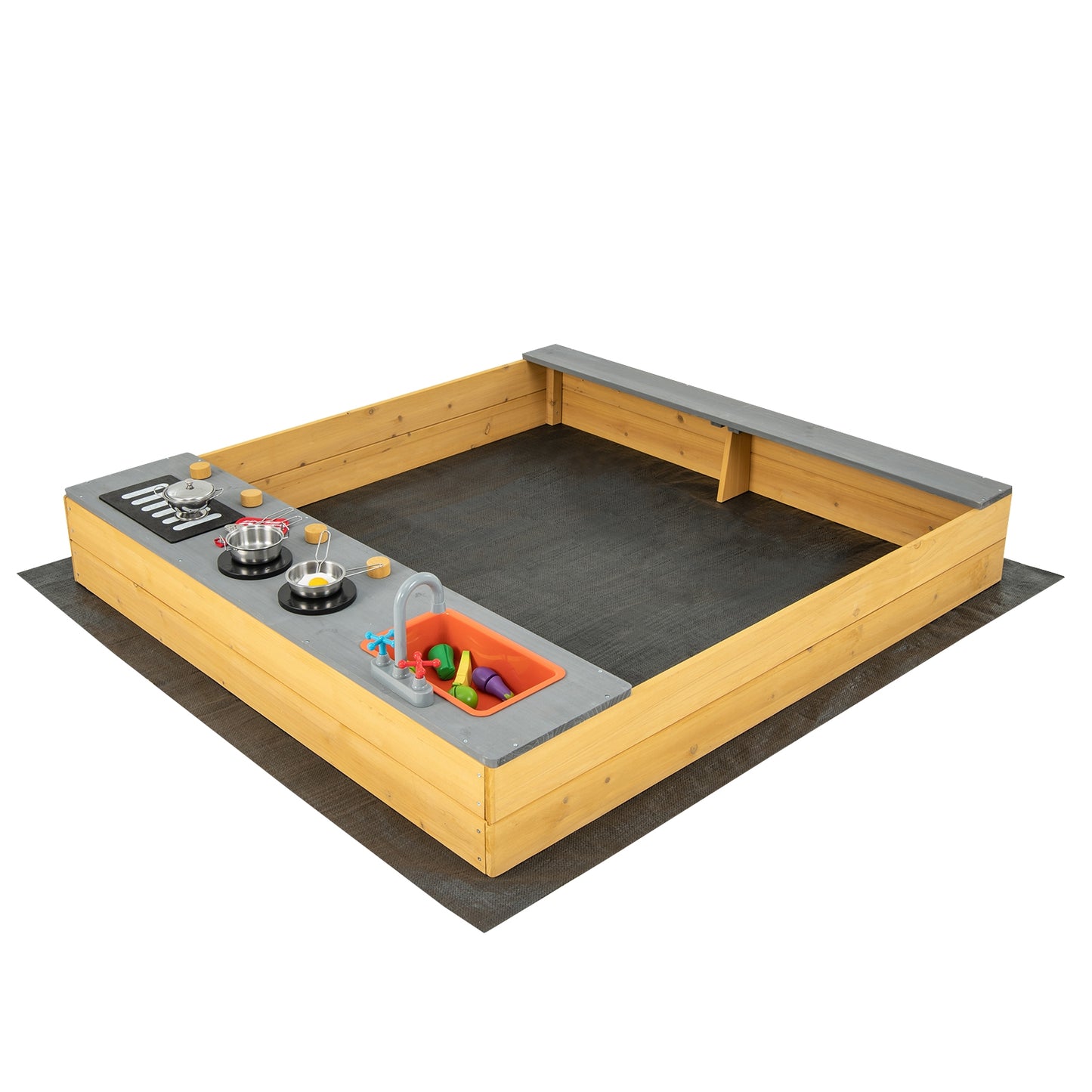 Wooden Sandbox Kids Sand Pit with Kitchen Playset Accessories for 3-8 Years Old Kids Crystal