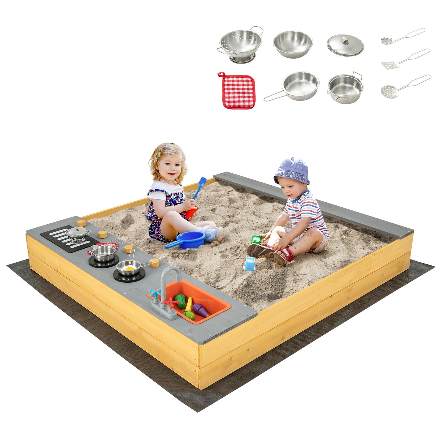Wooden Sandbox Kids Sand Pit with Kitchen Playset Accessories for 3-8 Years Old Kids Crystal