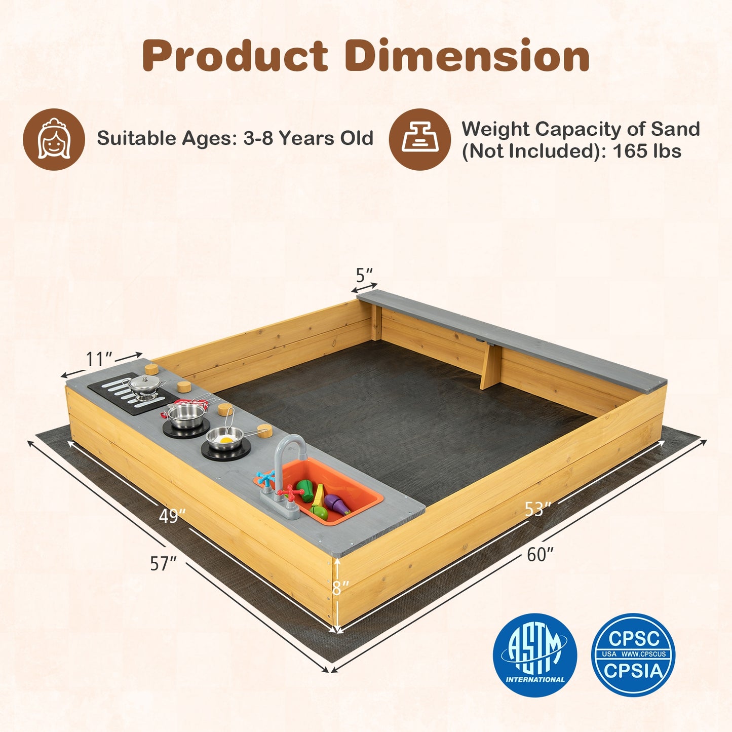 Wooden Sandbox Kids Sand Pit with Kitchen Playset Accessories for 3-8 Years Old Kids Crystal