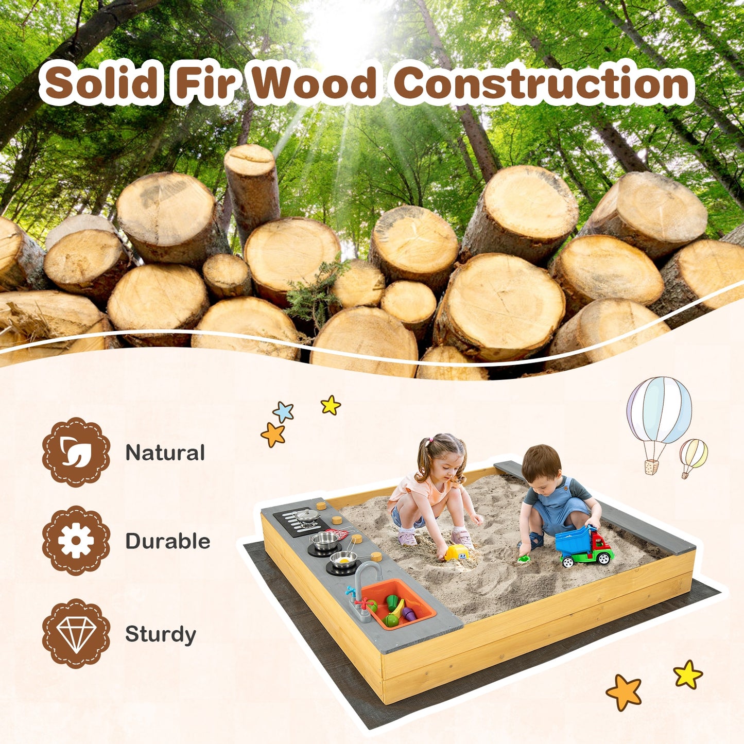 Wooden Sandbox Kids Sand Pit with Kitchen Playset Accessories for 3-8 Years Old Kids Crystal