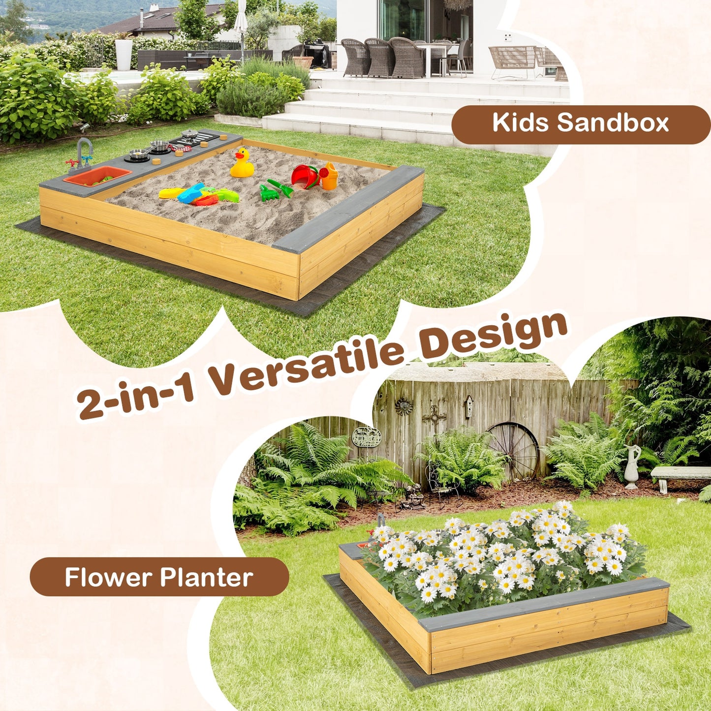Wooden Sandbox Kids Sand Pit with Kitchen Playset Accessories for 3-8 Years Old Kids Crystal