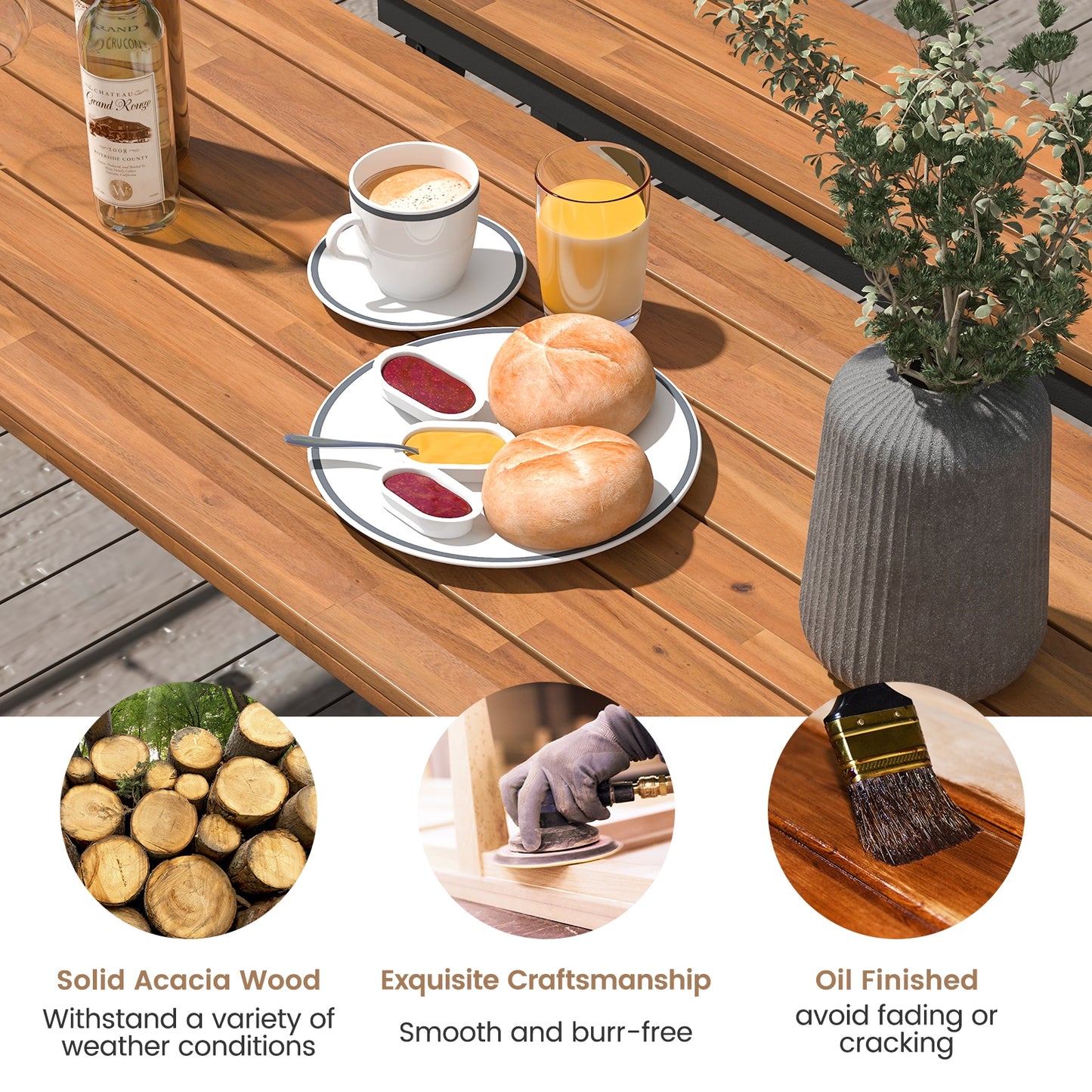 Folding Picnic Table Acacia Wood Dining Table with Metal Frame for Indoor Outdoor Activities Kids Crystal