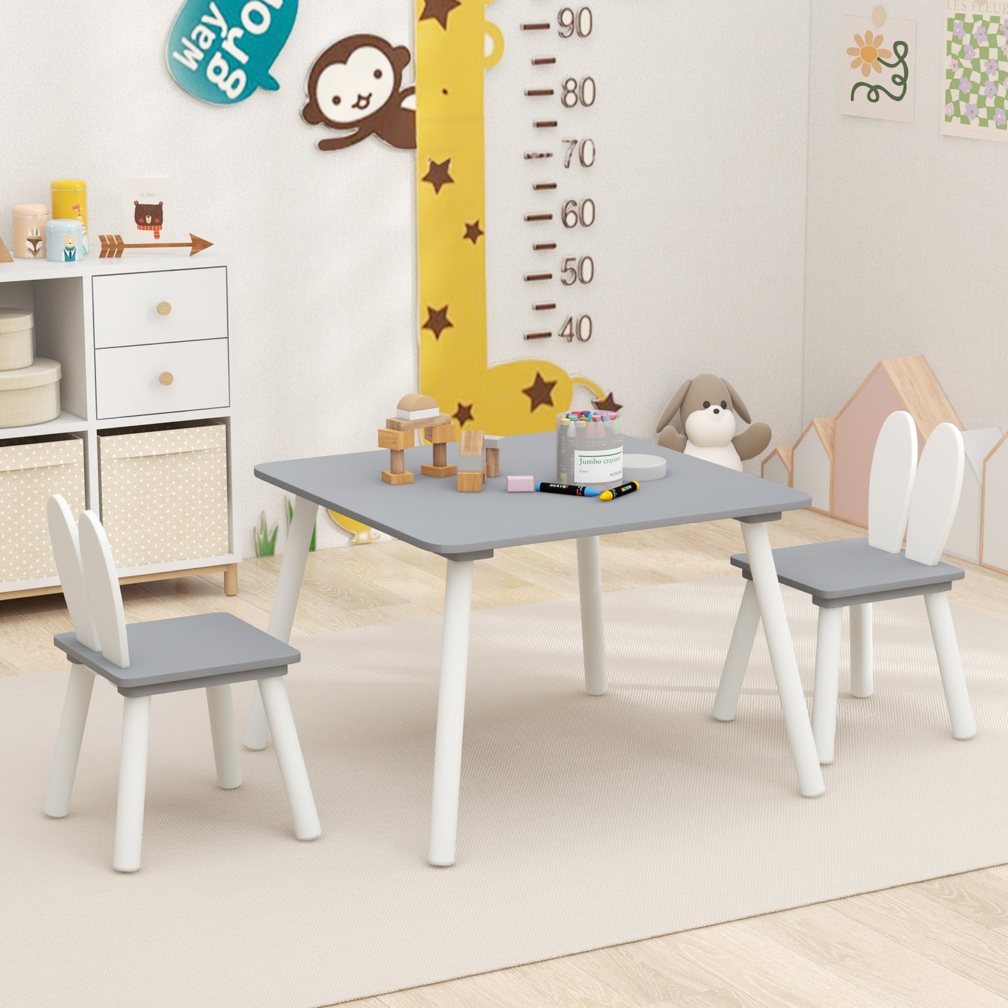3 Pieces Kids Table and Chairs Set for Arts Crafts Snack Time-Gray Kids Crystal