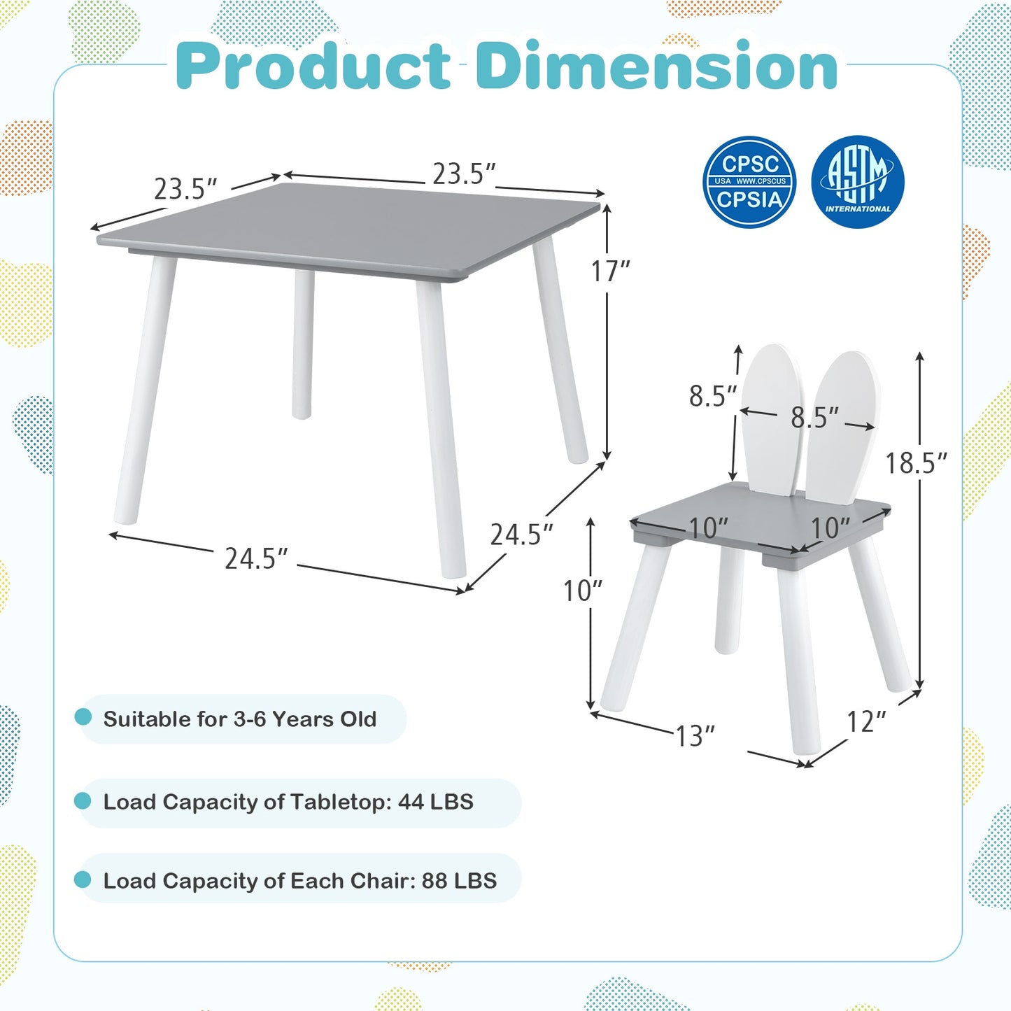 3 Pieces Kids Table and Chairs Set for Arts Crafts Snack Time-Gray Kids Crystal