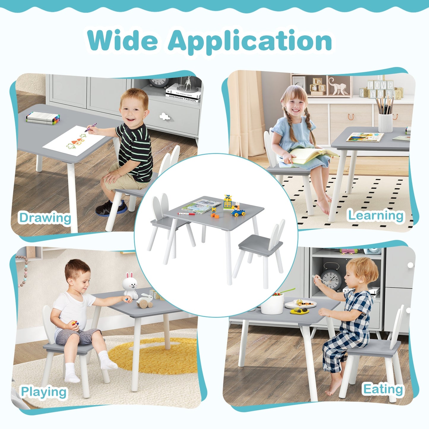 3 Pieces Kids Table and Chairs Set for Arts Crafts Snack Time-Gray Kids Crystal