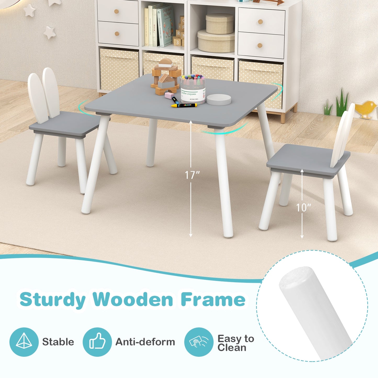 3 Pieces Kids Table and Chairs Set for Arts Crafts Snack Time-Gray Kids Crystal