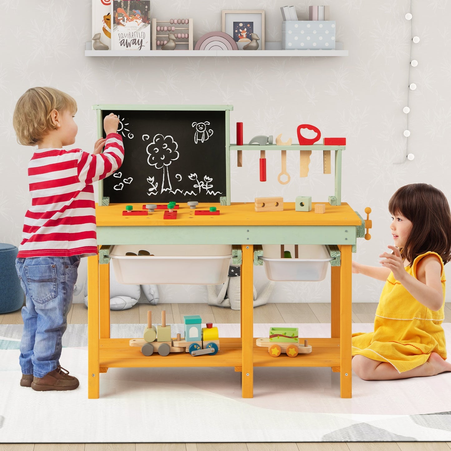 Kids Wooden Toy Workbench with Storage Space and Blackboard Kids Crystal