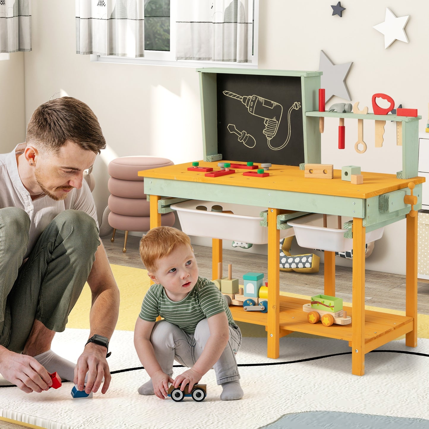 Kids Wooden Toy Workbench with Storage Space and Blackboard Kids Crystal