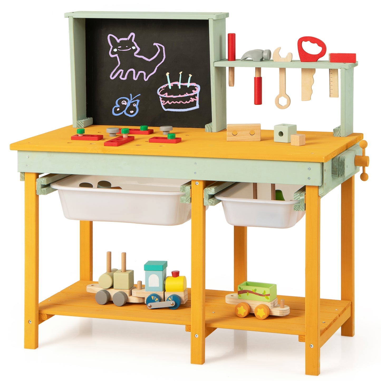 Kids Wooden Toy Workbench with Storage Space and Blackboard Kids Crystal