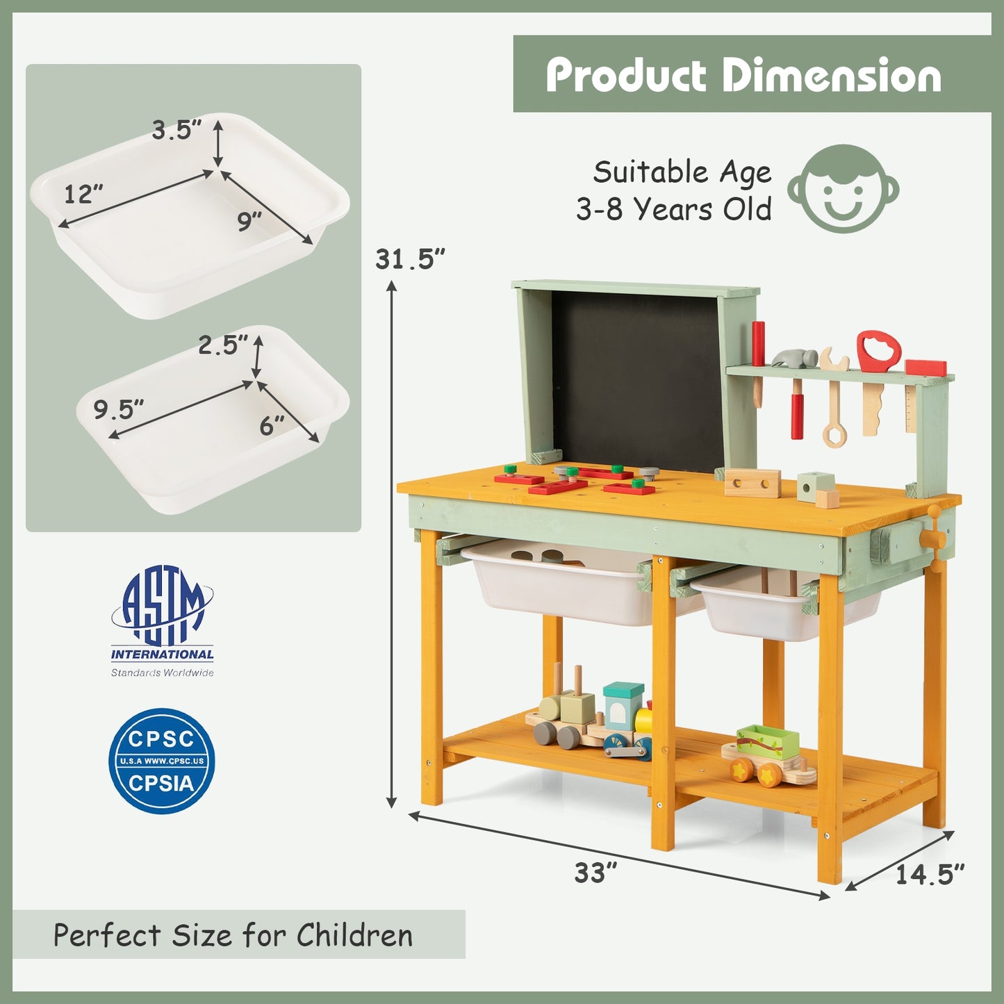 Kids Wooden Toy Workbench with Storage Space and Blackboard Kids Crystal