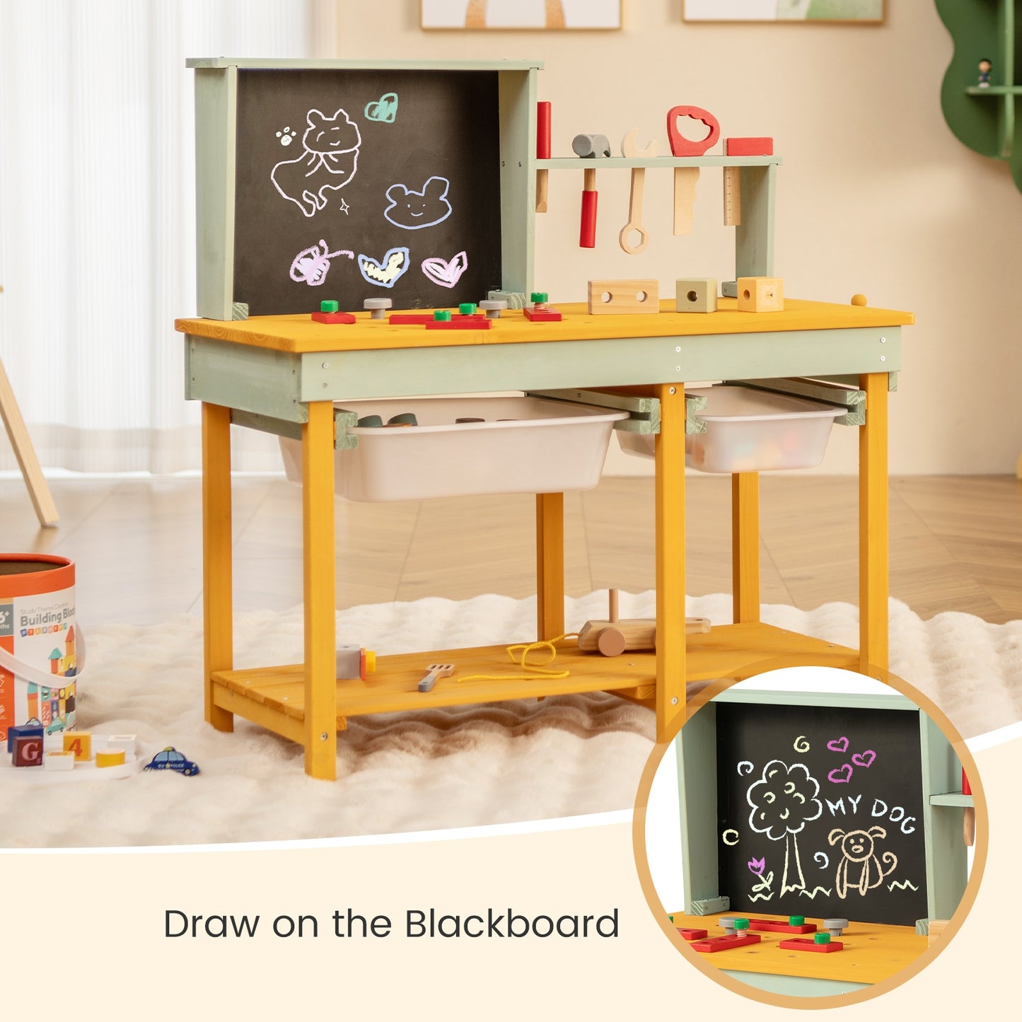 Kids Wooden Toy Workbench with Storage Space and Blackboard Kids Crystal