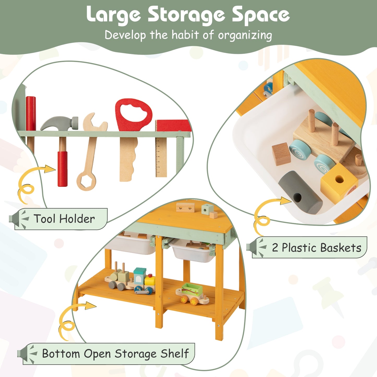 Kids Wooden Toy Workbench with Storage Space and Blackboard Kids Crystal