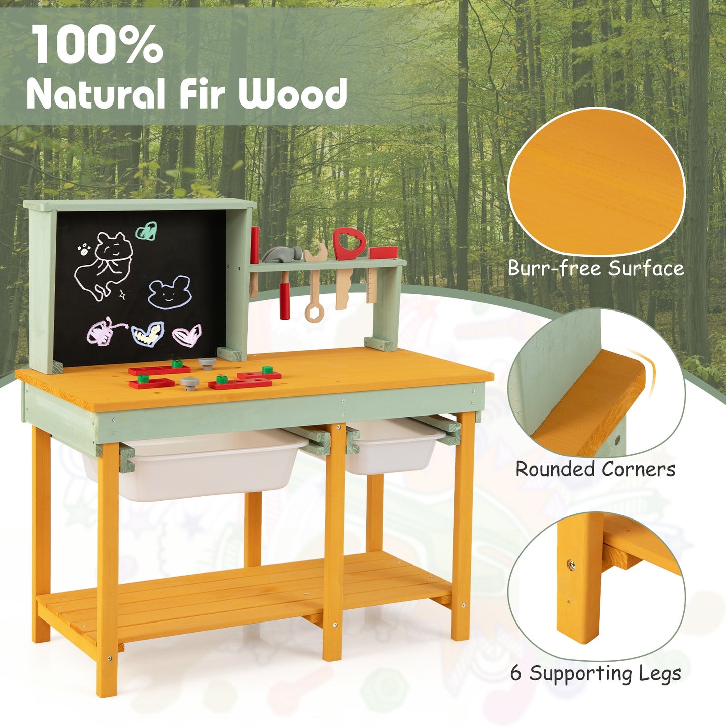 Kids Wooden Toy Workbench with Storage Space and Blackboard Kids Crystal