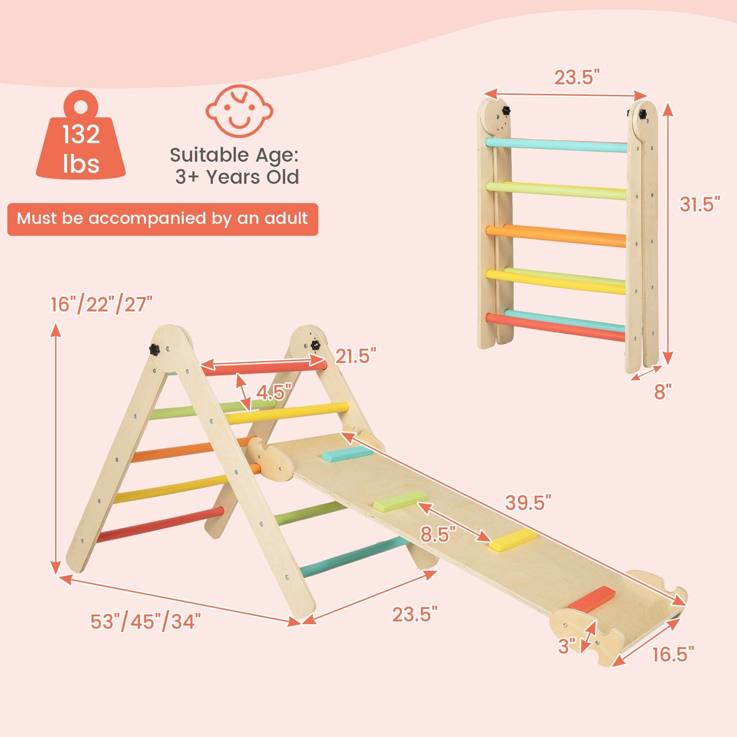 3-in-1 Climbing Set Foldable and Adjustable Kids Triangle Set-Multicolor Kids Crystal