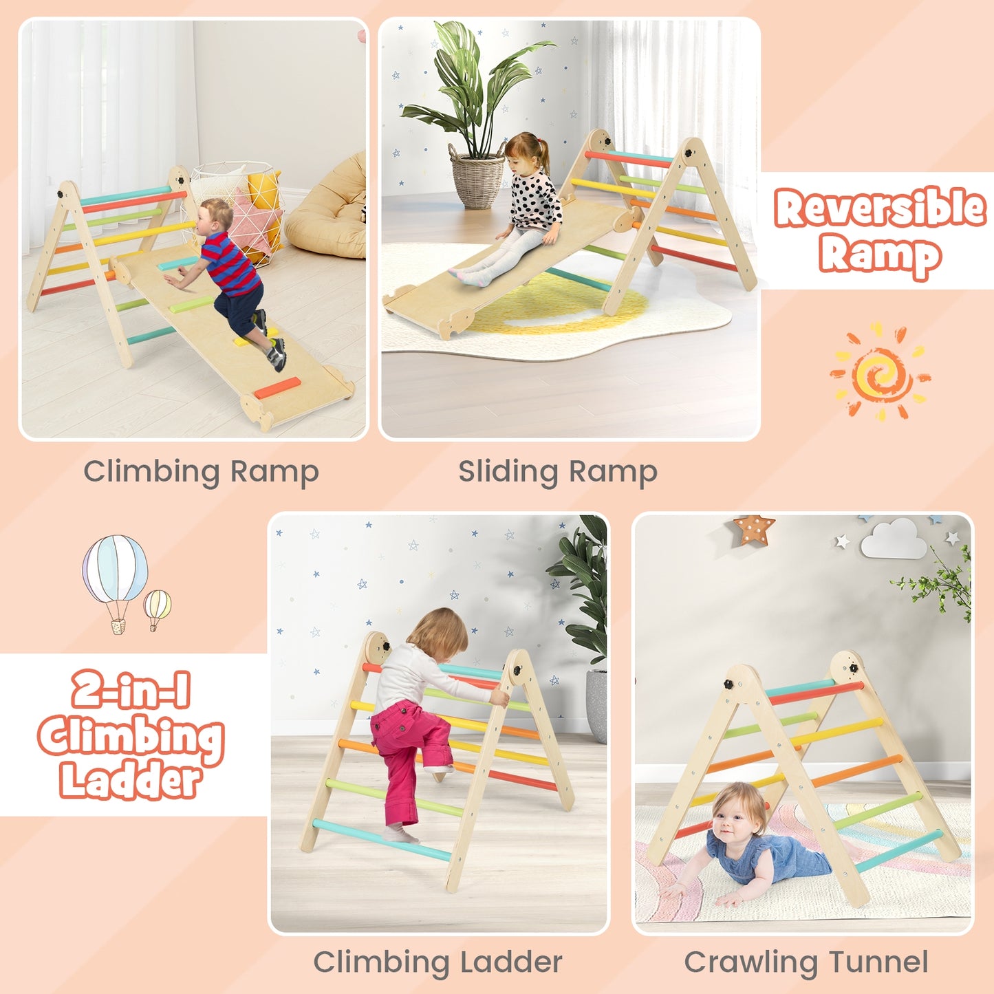 3-in-1 Climbing Set Foldable and Adjustable Kids Triangle Set-Multicolor Kids Crystal