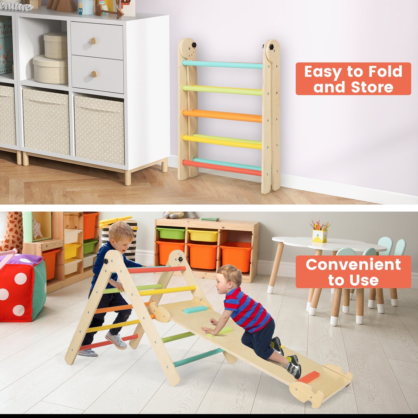 3-in-1 Climbing Set Foldable and Adjustable Kids Triangle Set-Multicolor Kids Crystal