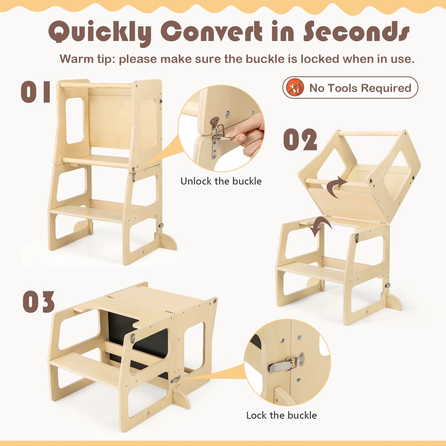 3-in-1 Foldable Kitchen Standing Tower for Toddlers with Chalkboard-Natural Kids Crystal