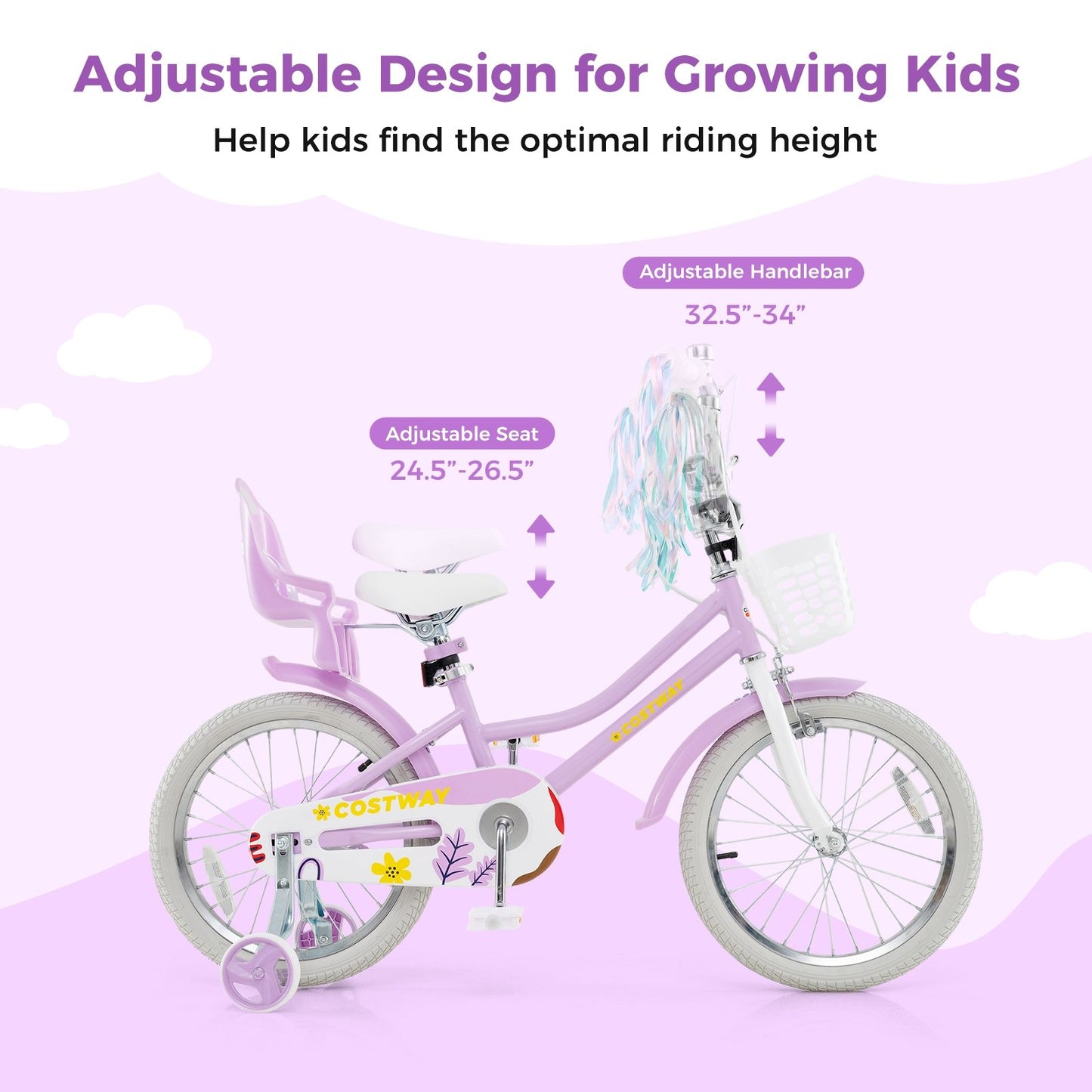 18 Inch Girls Bike Kids Bicycle with Doll Seat and Streamers for Children 4-8 Years Old Kids Crystal